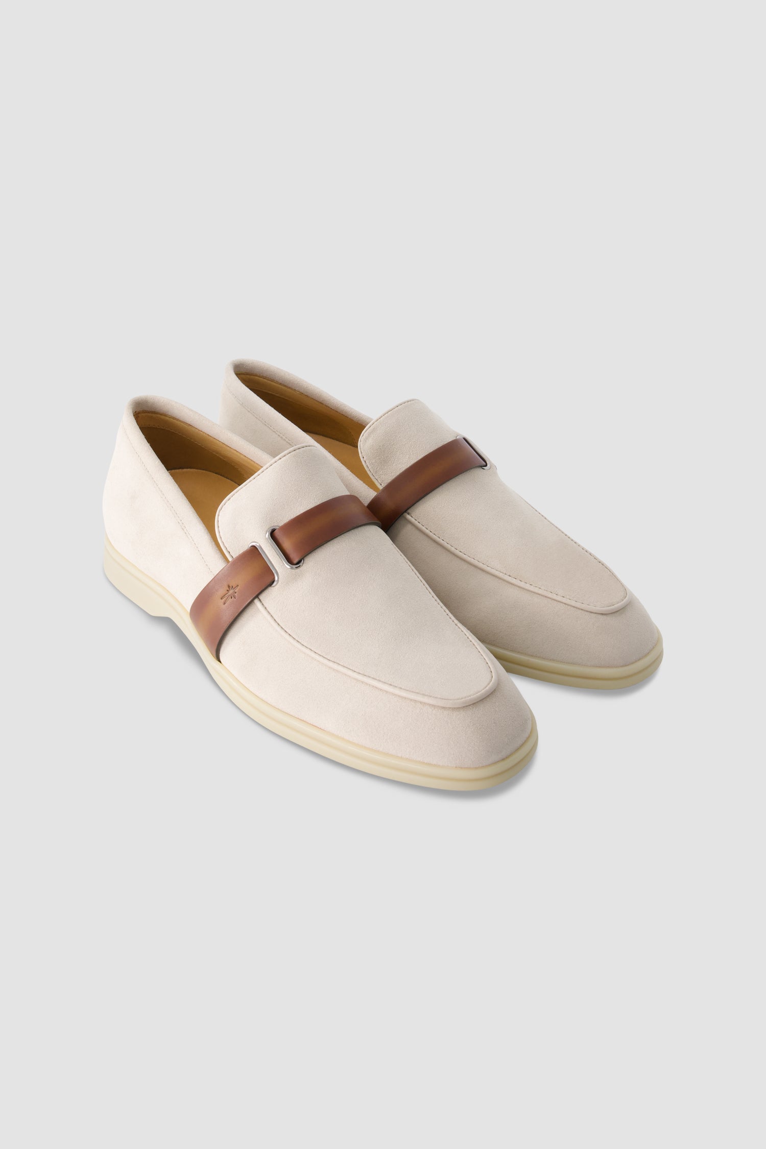 Corthay Beige Suede Leather Contrast Strap Loafers