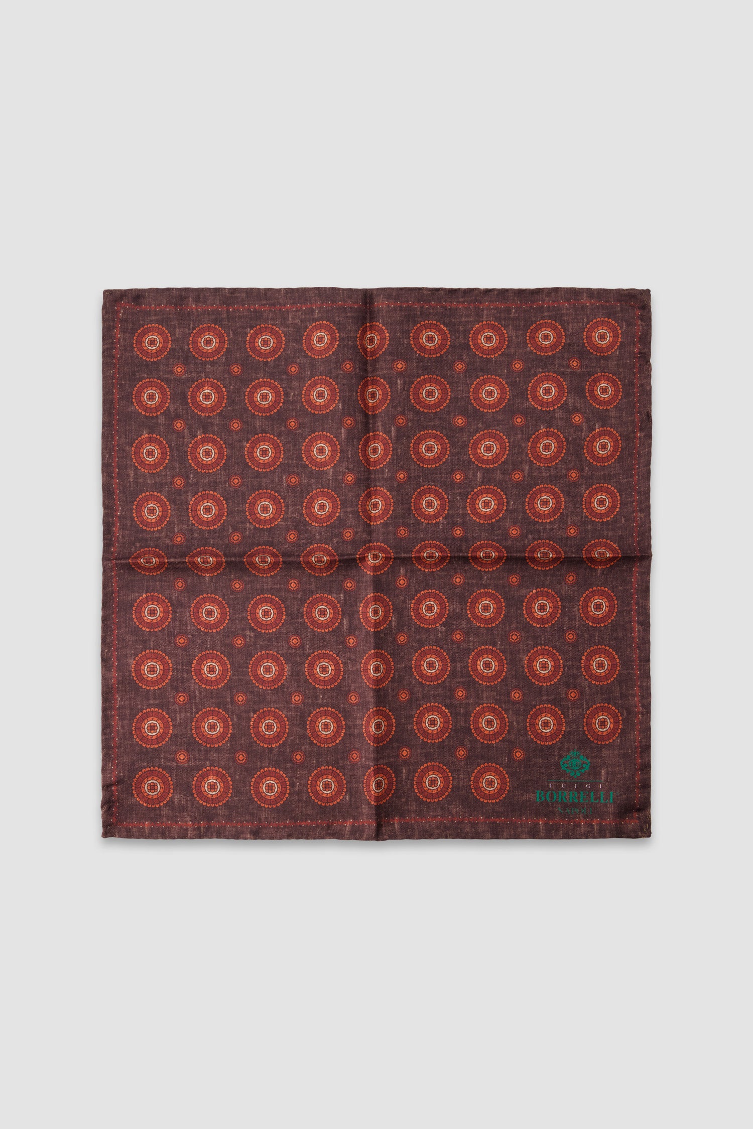 Luigi Borrelli Brown Silk Medallion Print Pocket Square