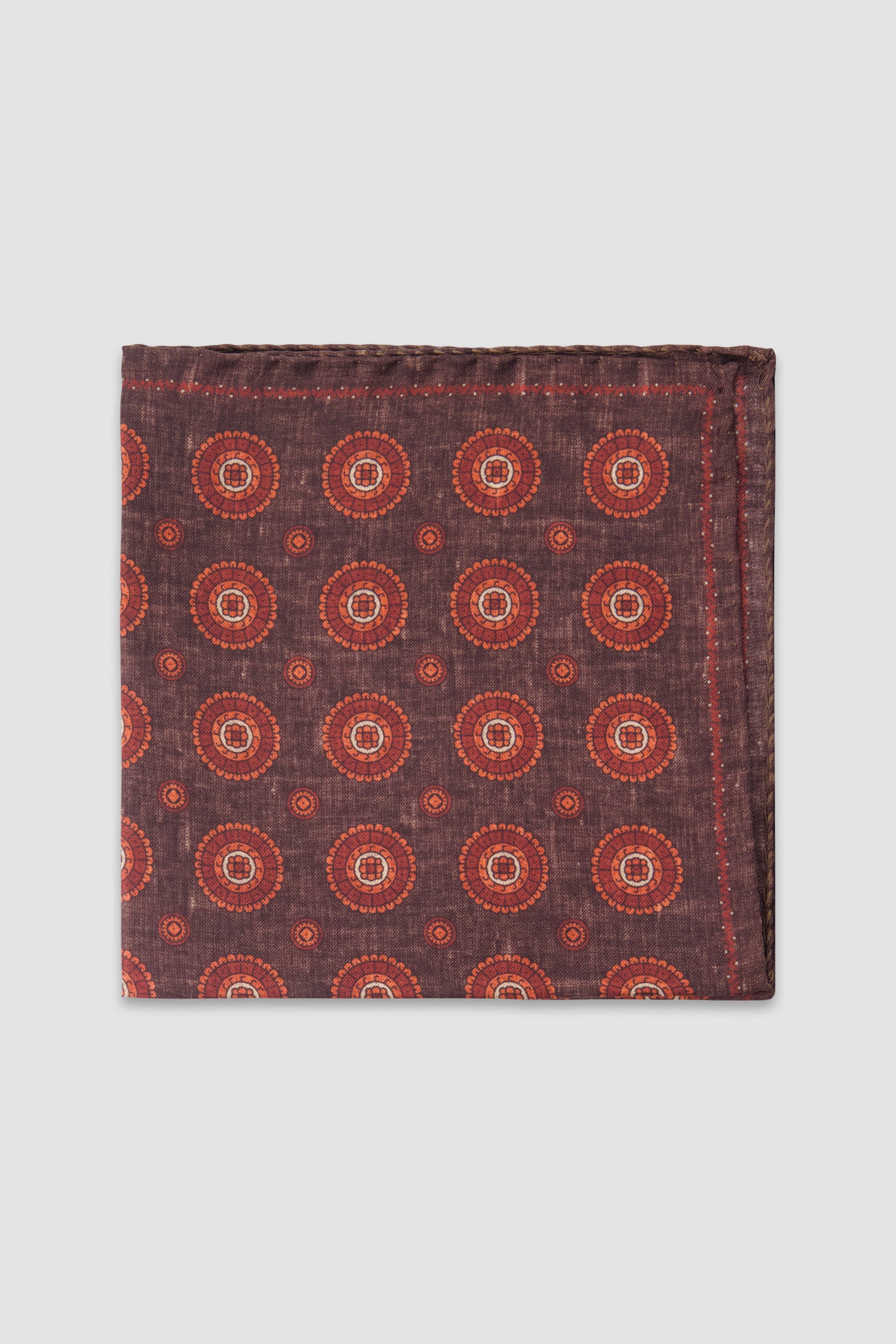 Luigi Borrelli Brown Silk Medallion Print Pocket Square