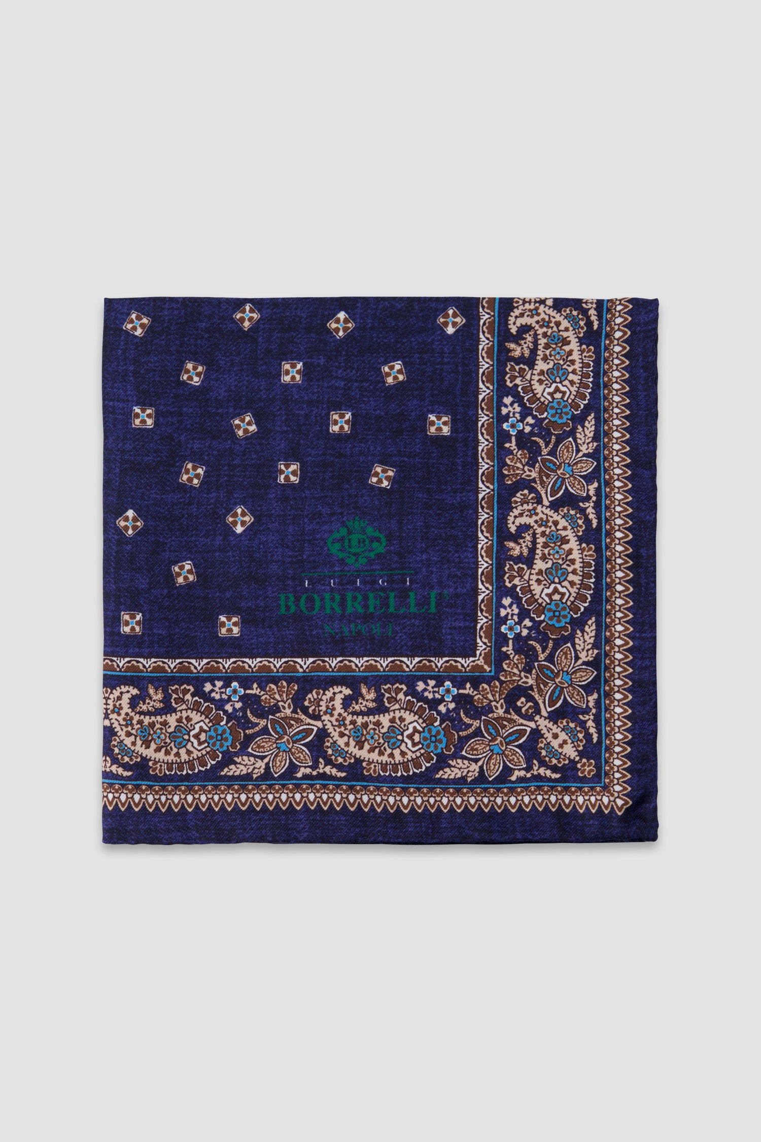 Luigi Borrelli Navy Silk Paisley Border Print Pocket Square