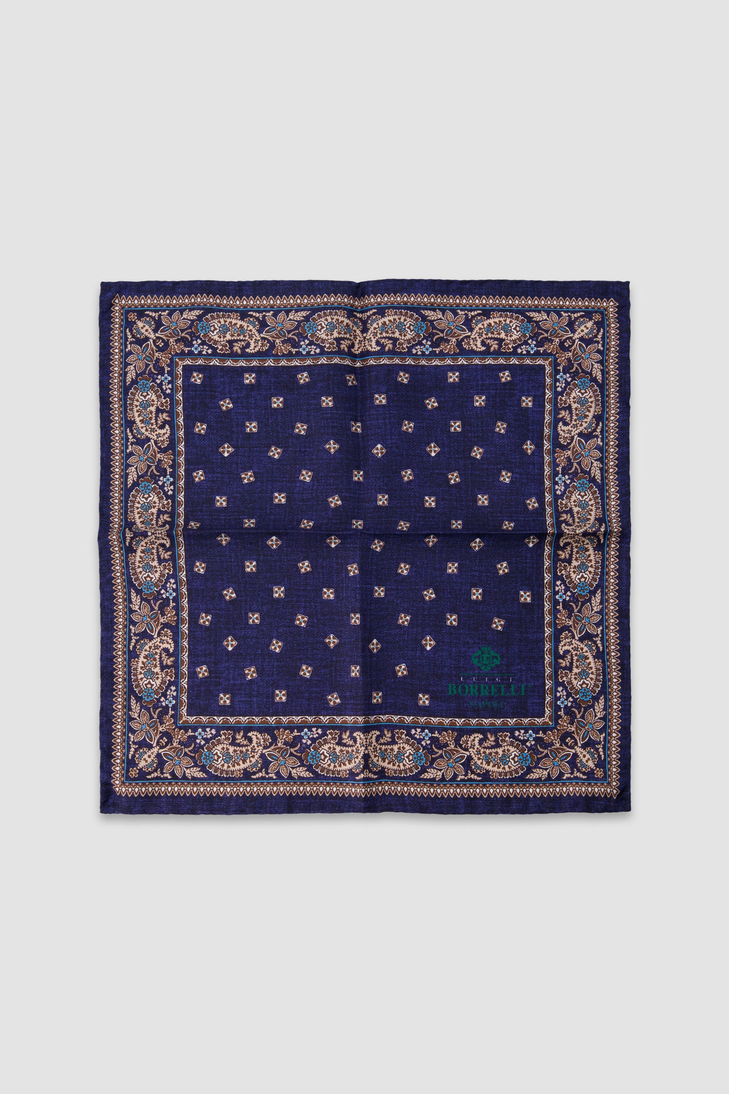 Luigi Borrelli Navy Silk Paisley Border Print Pocket Square