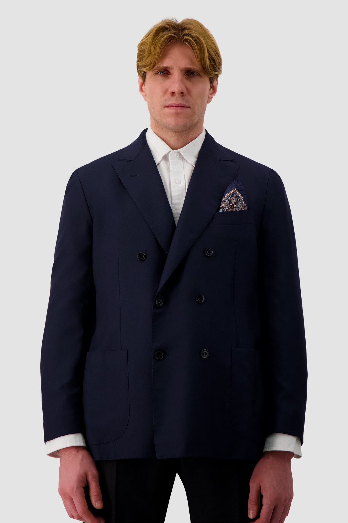 Luigi Borrelli Navy Silk Paisley Border Print Pocket Square