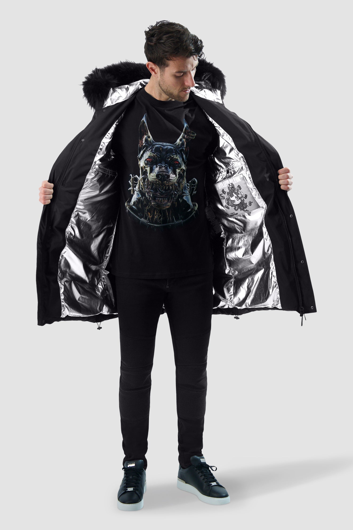 Philipp Plein Black Nylon Parka with real fur Skull & Bones Jacket