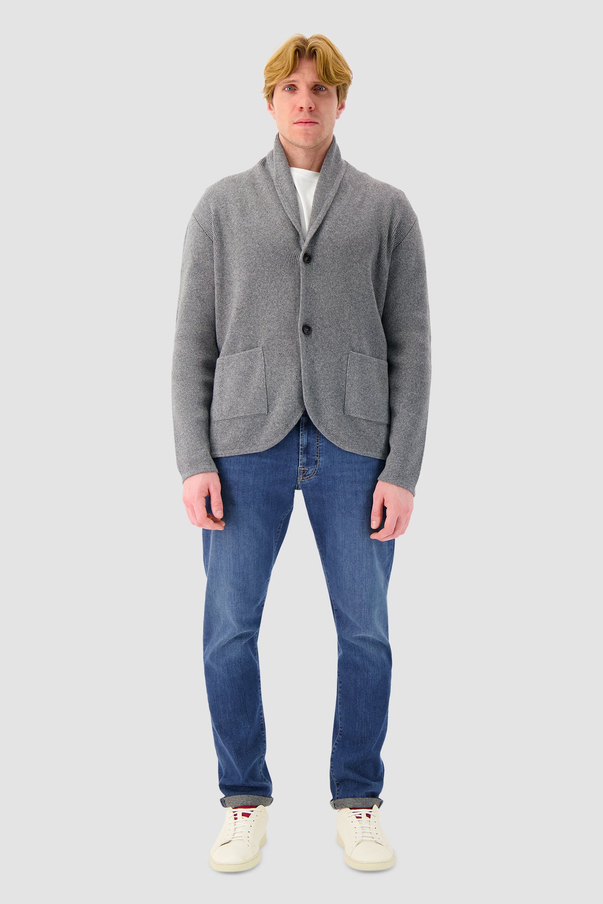 Sartorio Grey Wool Cashmere Ribbed Shawl Collar Cardigan