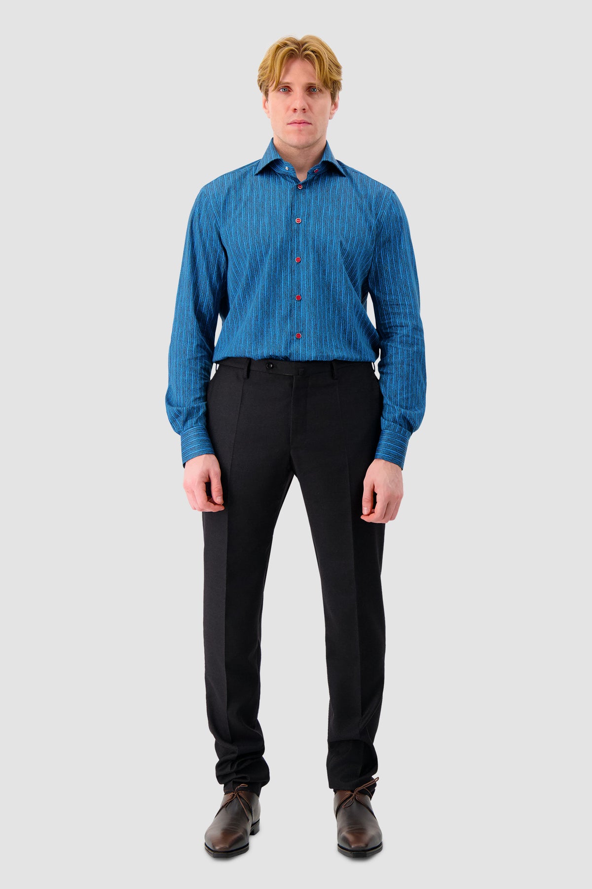Kiton Blue Vertical Stripe Print Dress Shirt