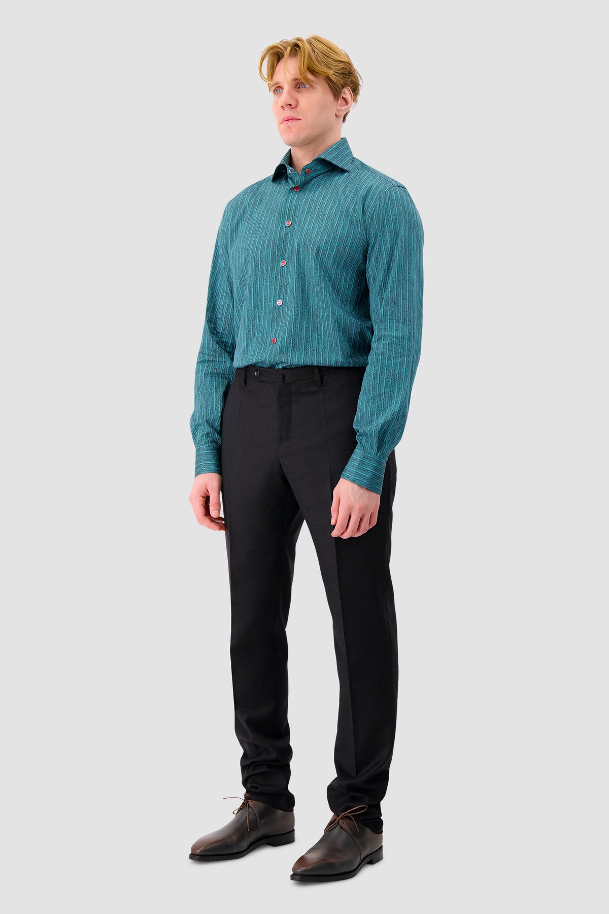 Kiton Teal Vertical Stripe Print Dress Shirt