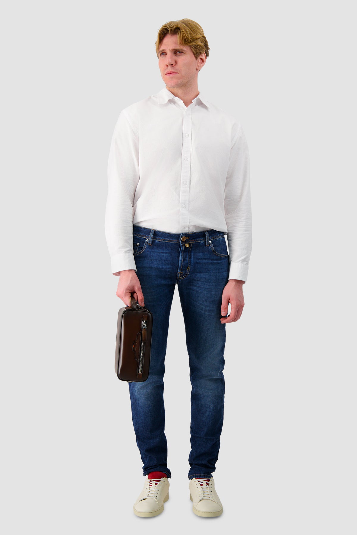 Santoni Brown Leather Doube-Zip Travel Case