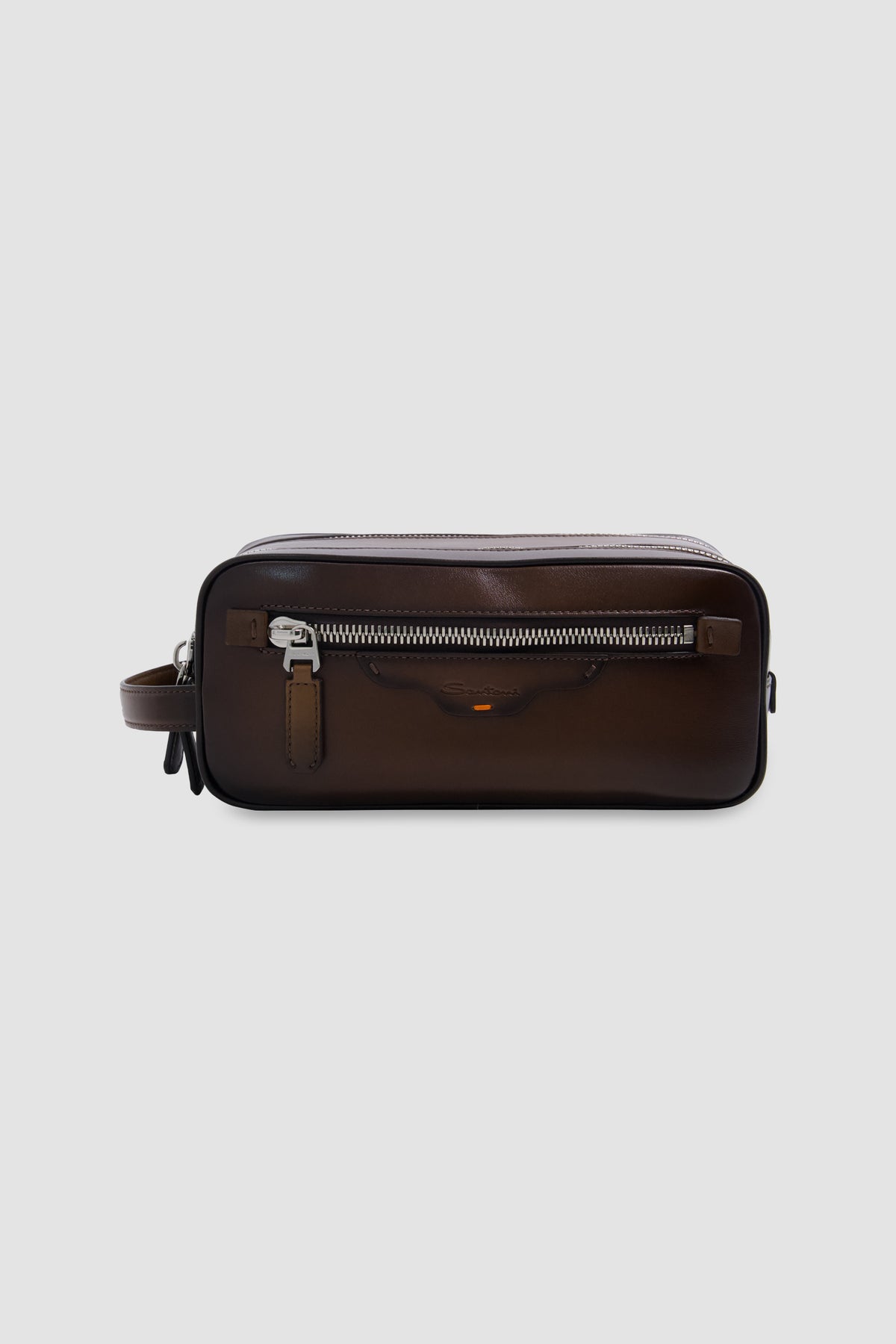 Santoni Brown Leather Doube-Zip Travel Case