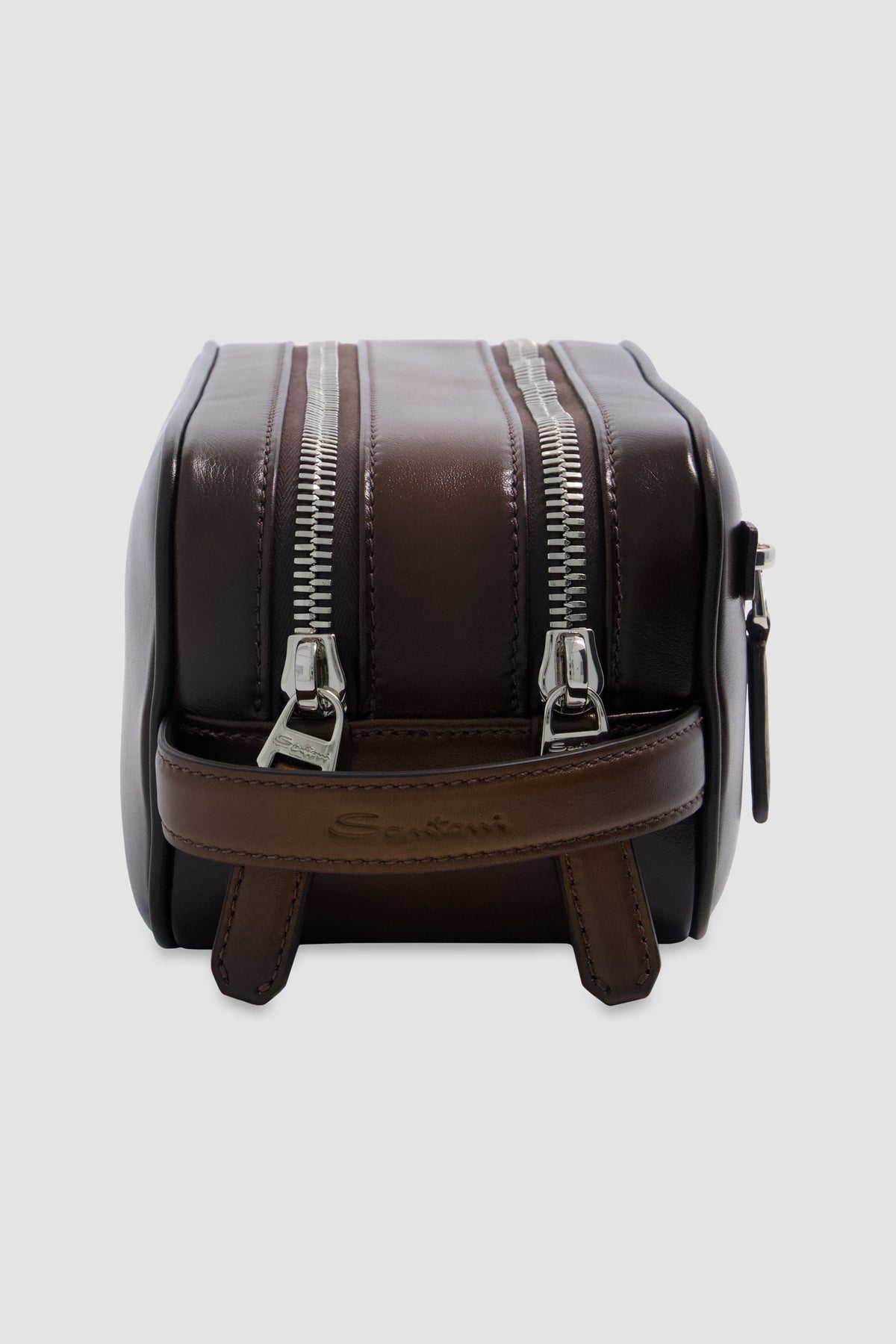 Santoni Brown Leather Doube-Zip Travel Case