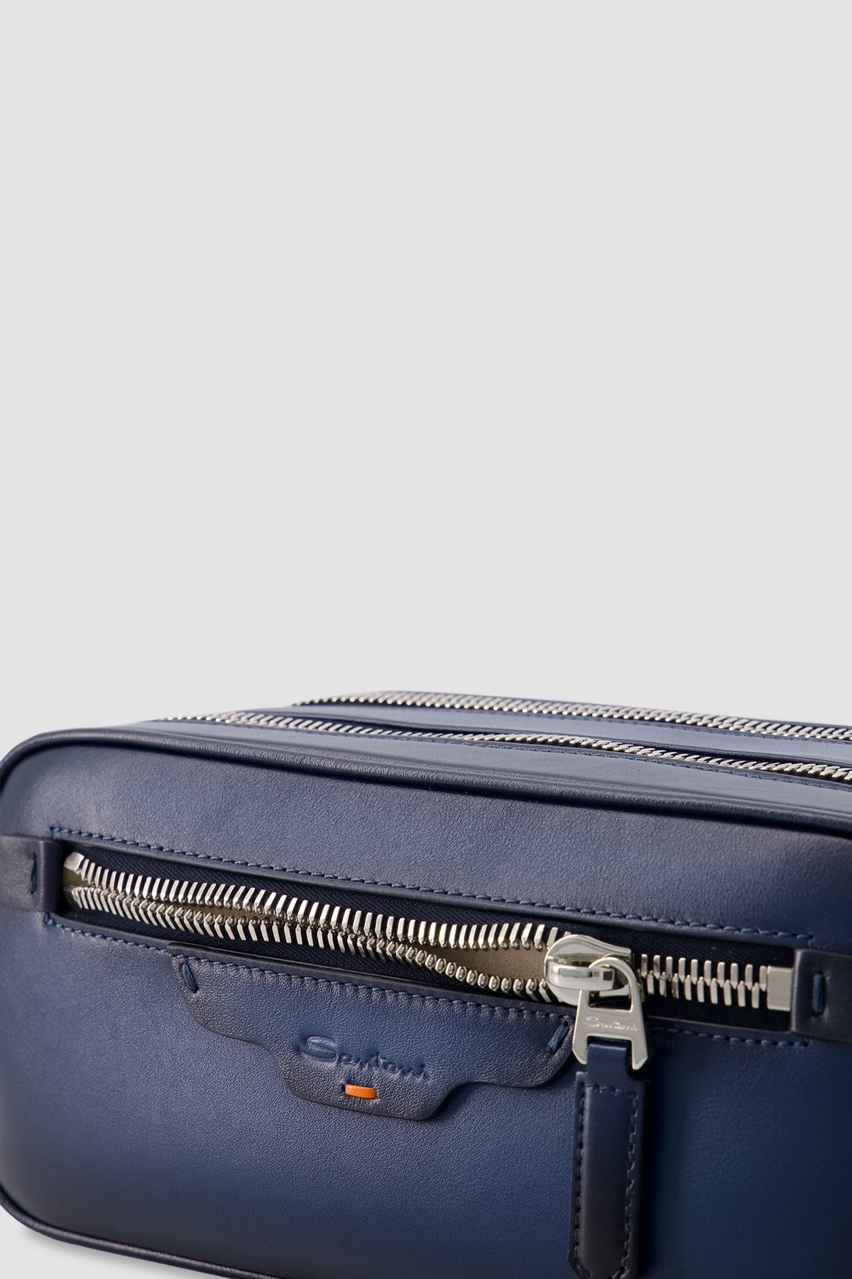 Santoni Navy Leather Double-Zip Toiletry Bag