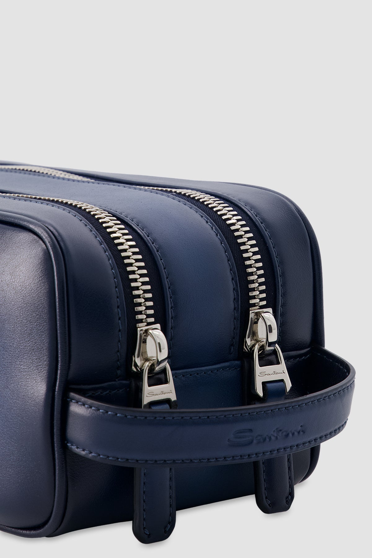Santoni Navy Leather Double-Zip Toiletry Bag