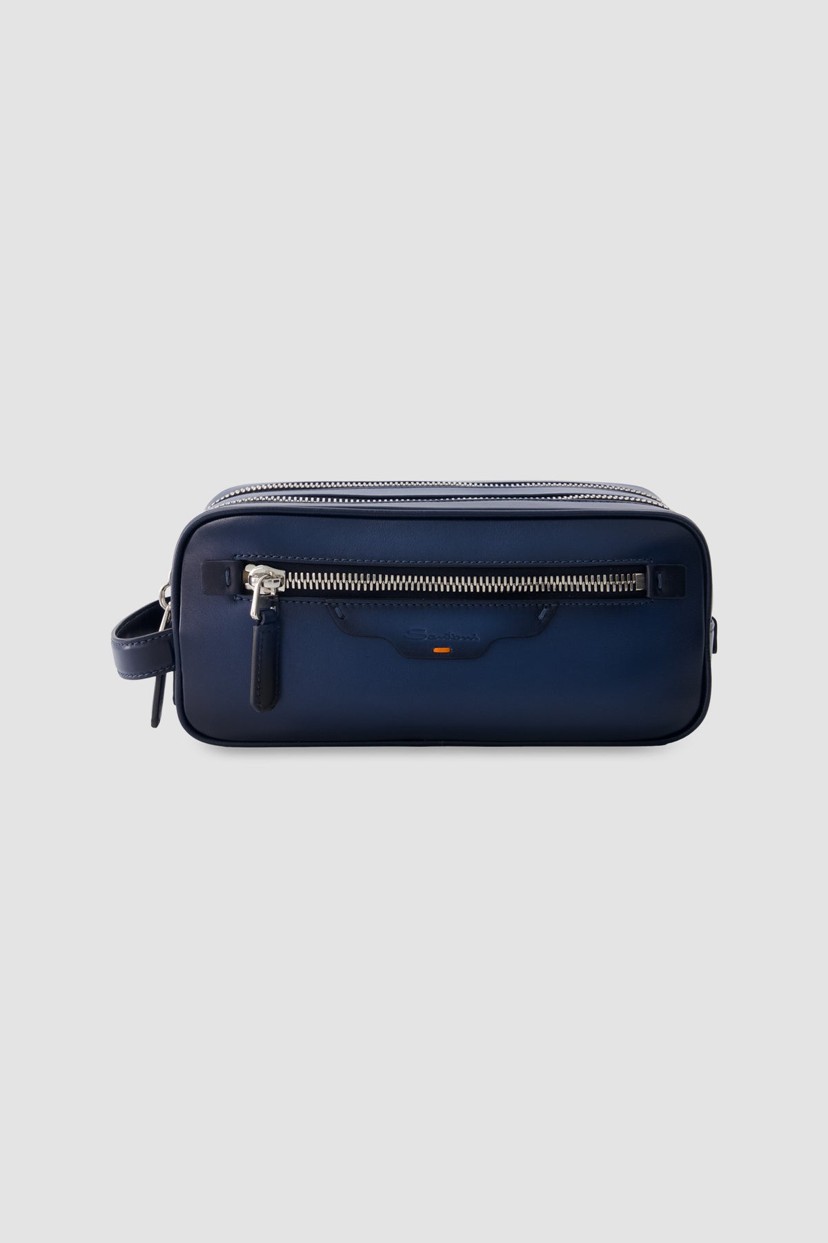 Santoni Navy Leather Double-Zip Toiletry Bag