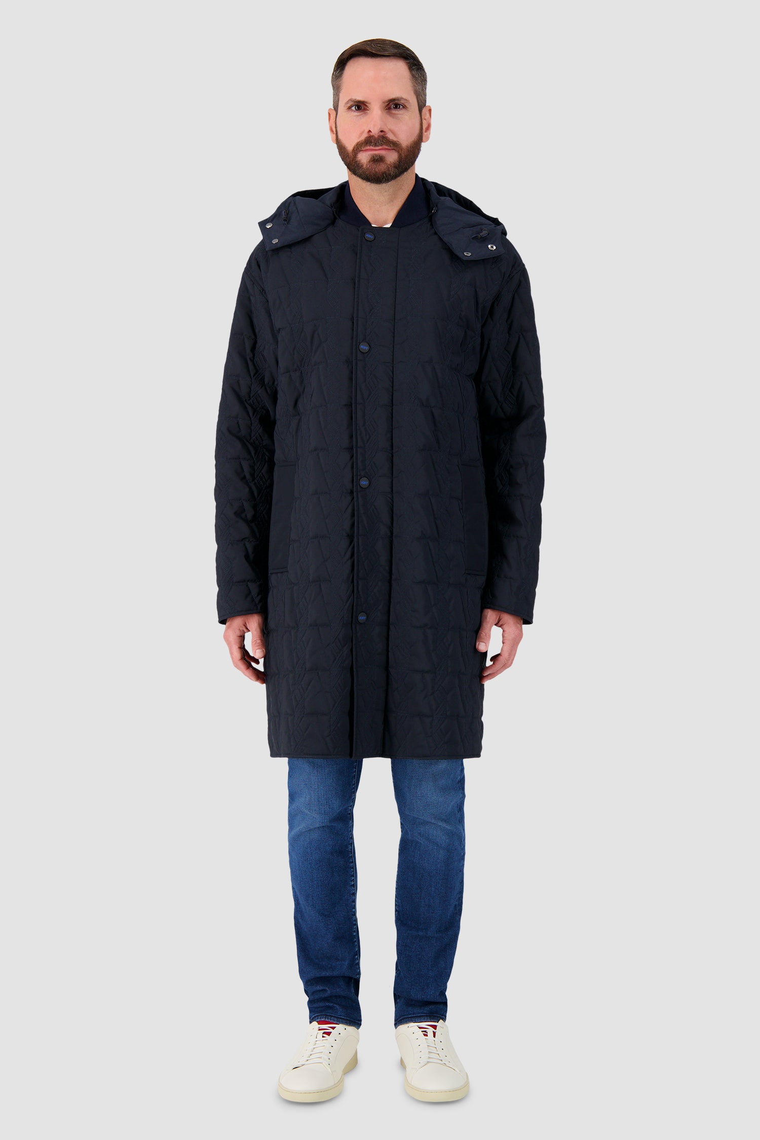 Kiton Navy Quilted Hooded Overcoat