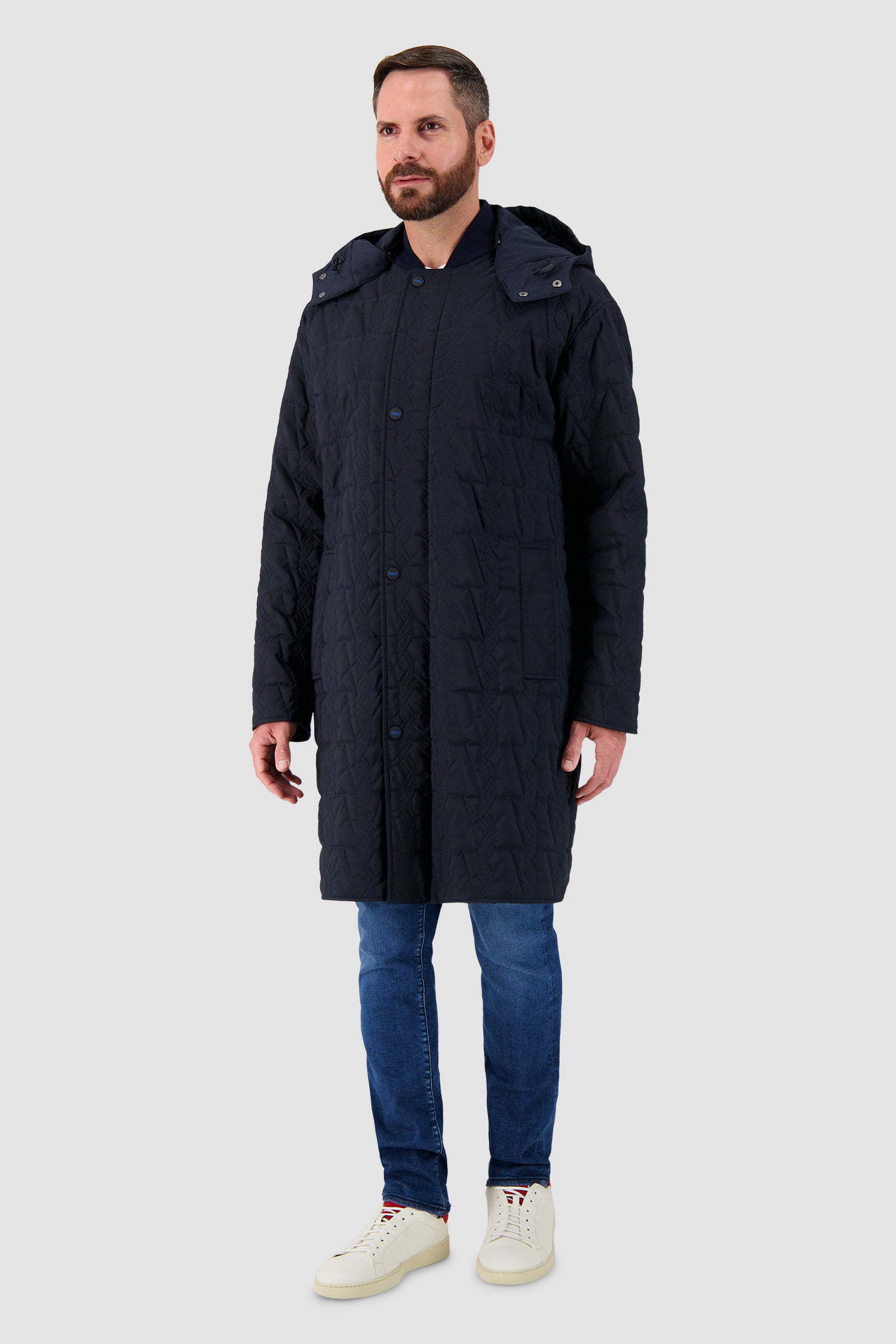 Kiton Navy Quilted Hooded Overcoat
