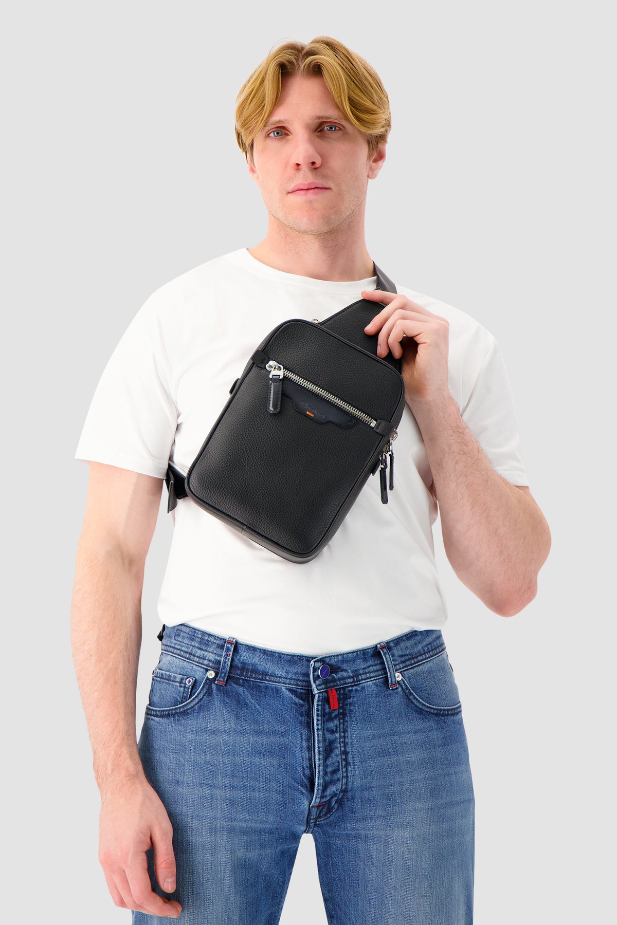 Santoni Black Leather Cross-Body Bag