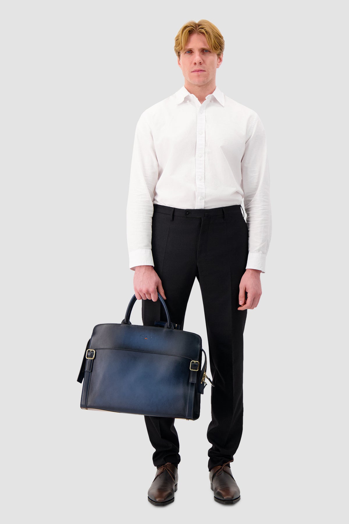 Santoni Navy Leather Business Bag