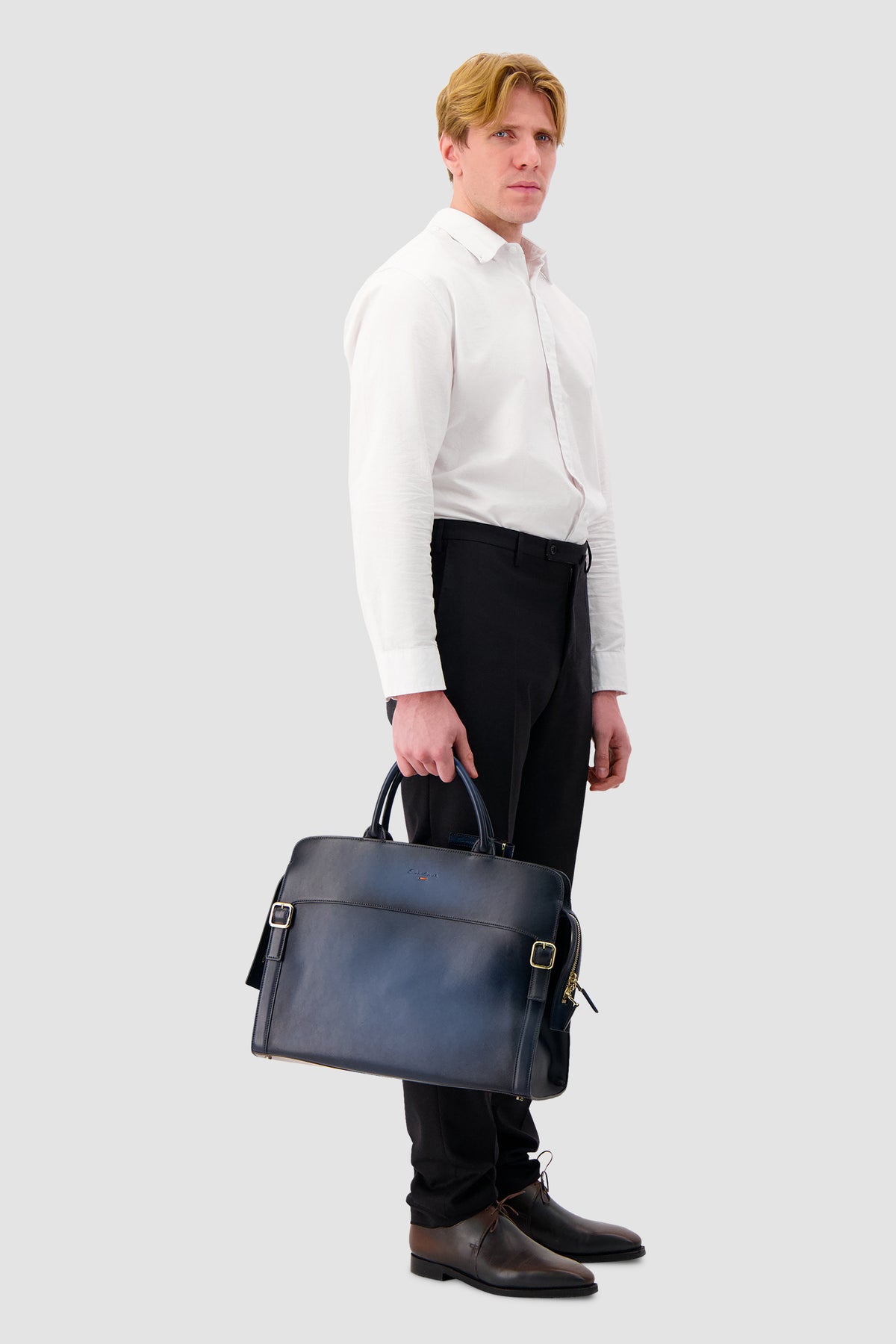 Santoni Navy Leather Business Bag