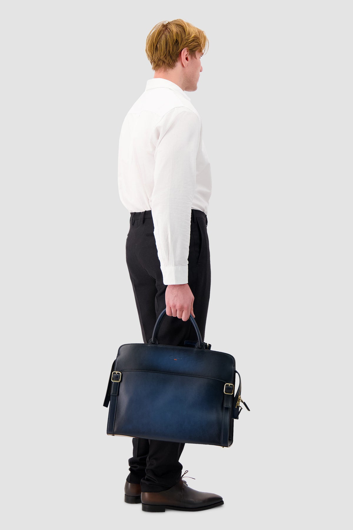 Santoni Navy Leather Business Bag
