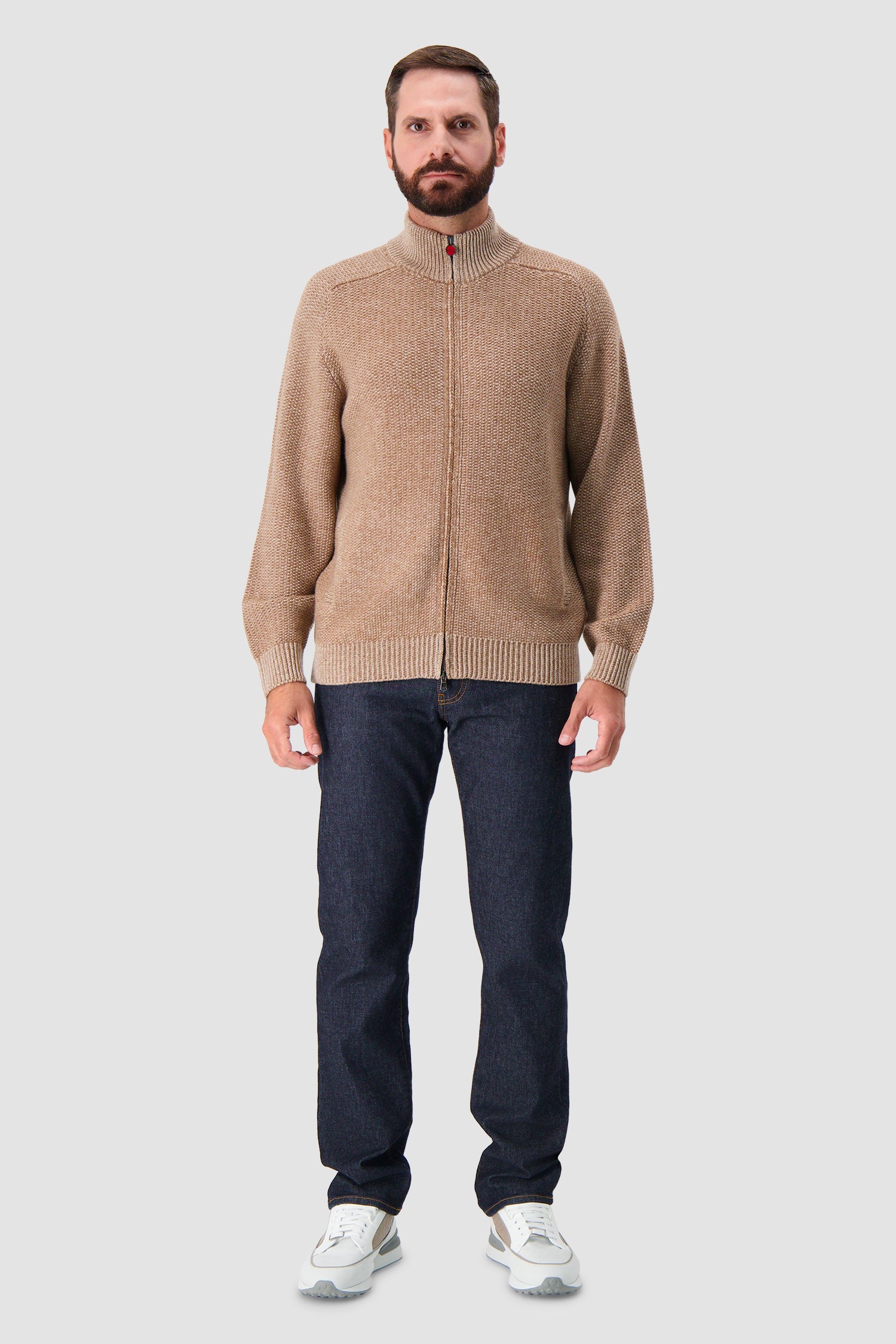 Kiton Taupe Cashmere Full Zip Mock Neck Cardigan