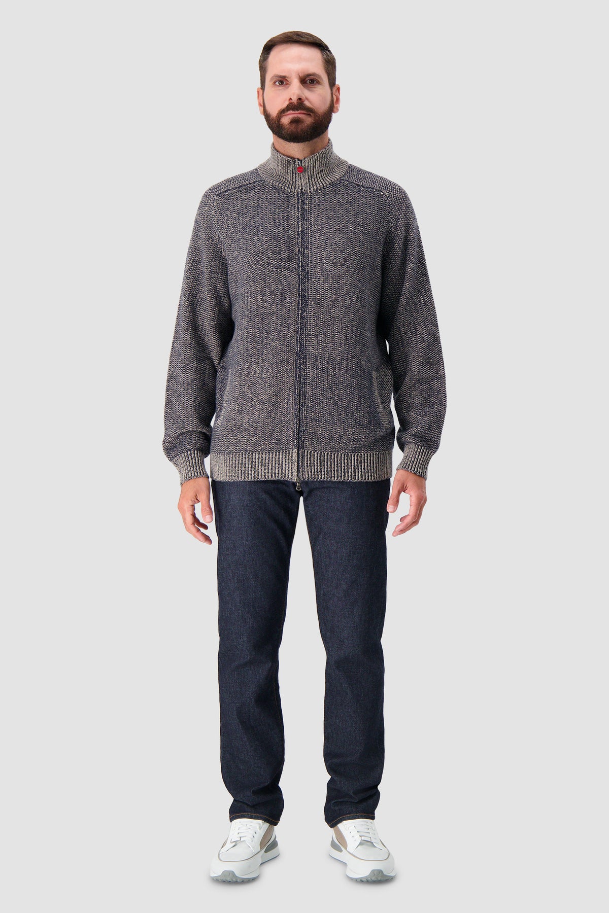 Kiton Navy/Beige Cashmere Full Zip Mock Neck Cardigan