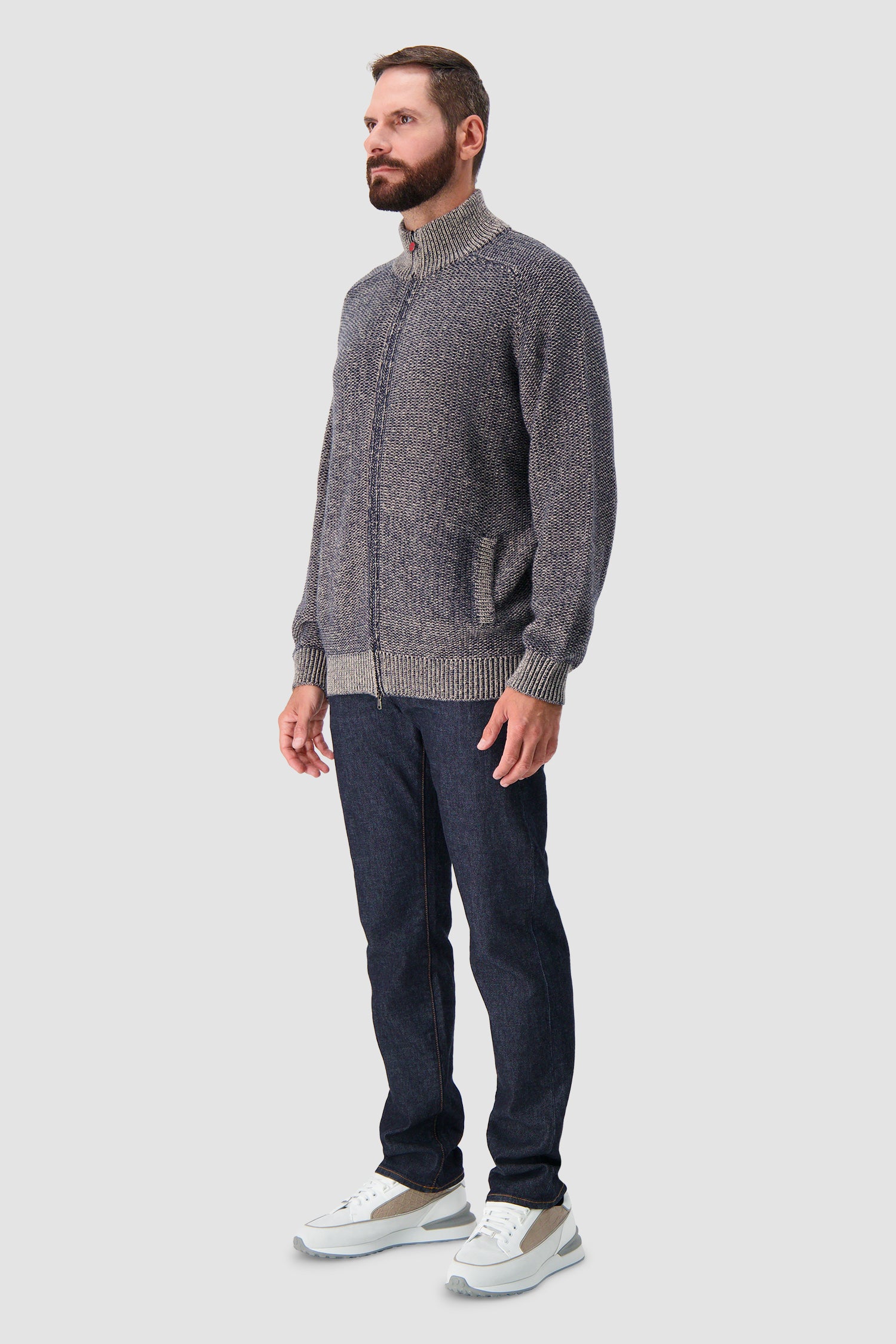 Kiton Navy/Beige Cashmere Full Zip Mock Neck Cardigan