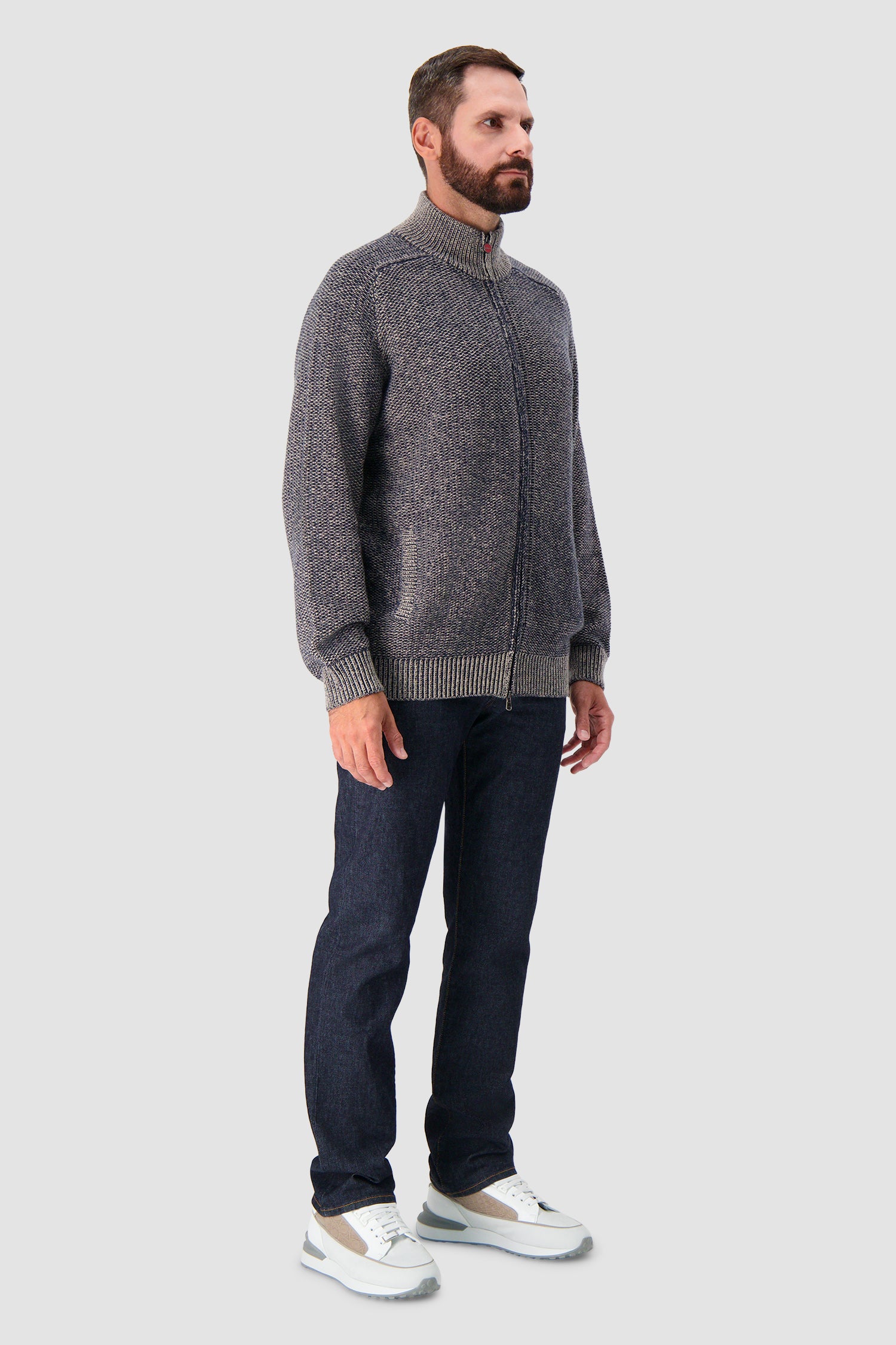 Kiton Navy/Beige Cashmere Full Zip Mock Neck Cardigan