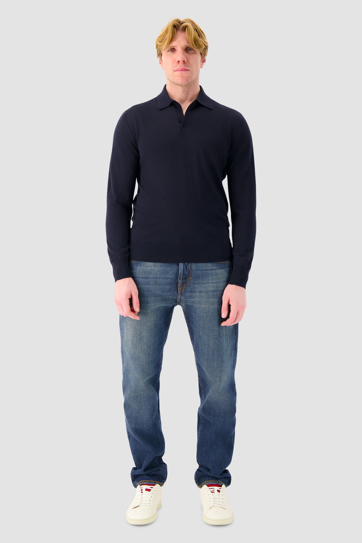 Sease Navy Virgin Wool Knit Polo Sweater