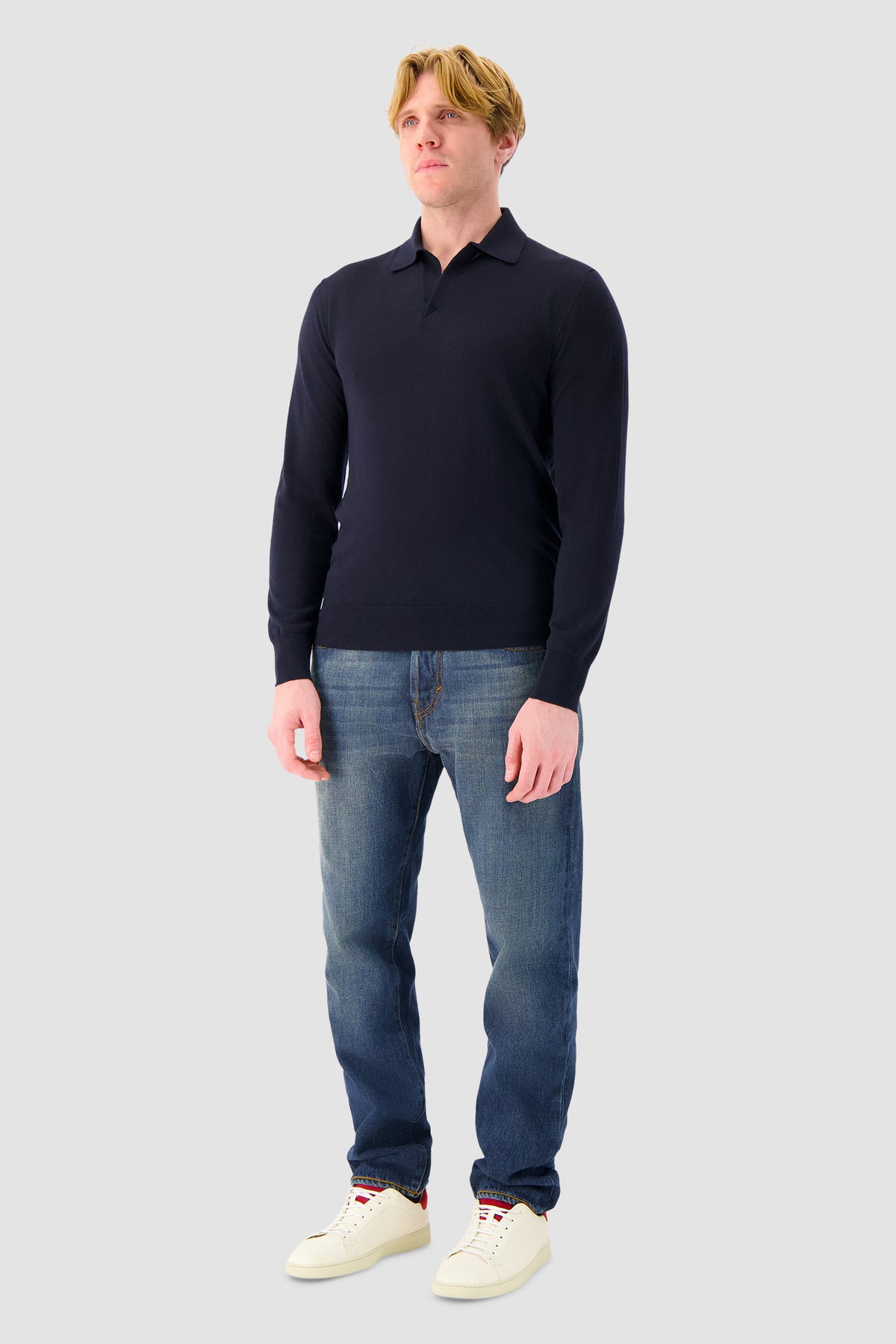 Sease Navy Virgin Wool Knit Polo Sweater