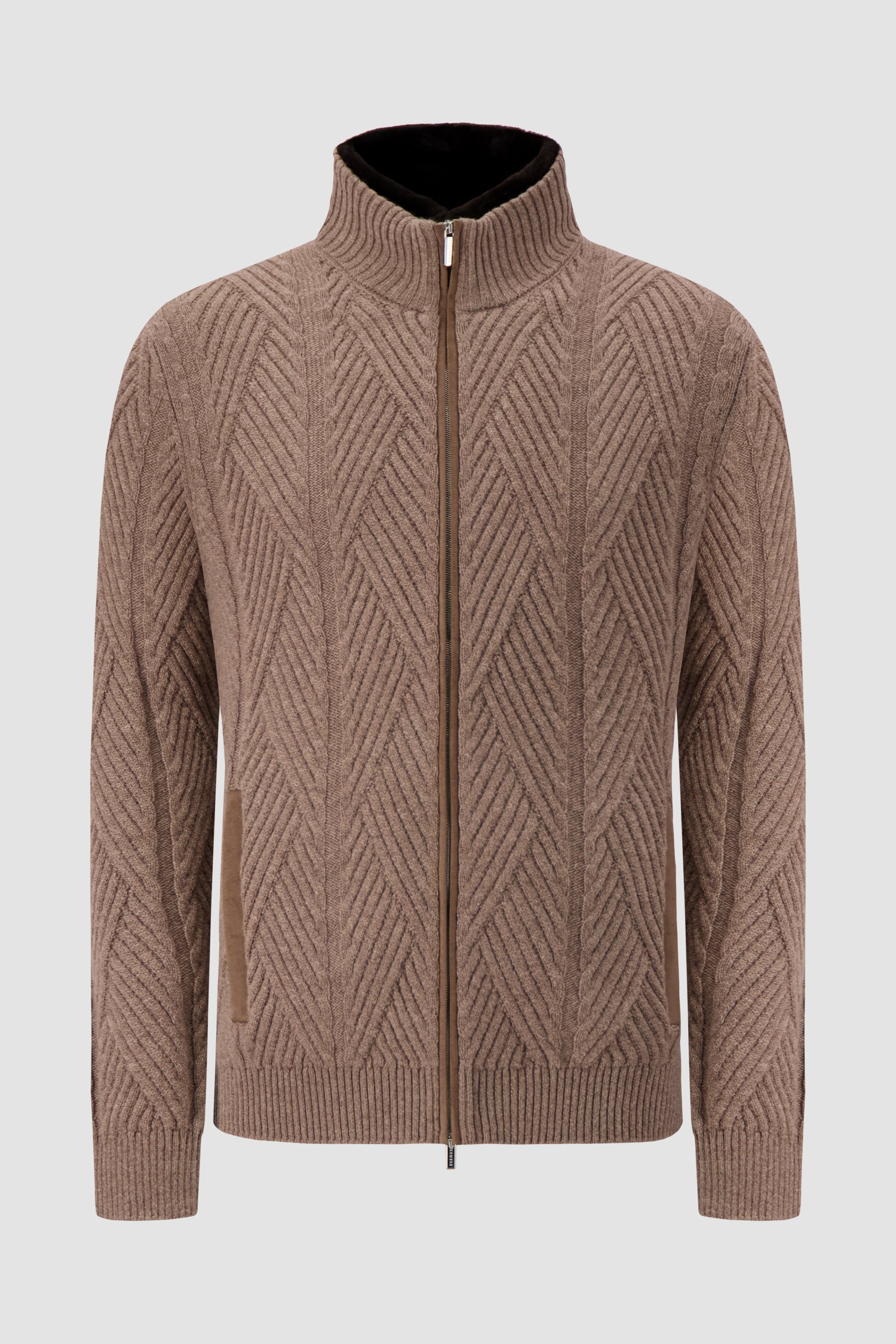 Pashmere Brown Wool/Cashmere Chevron Knit Zip Sweater