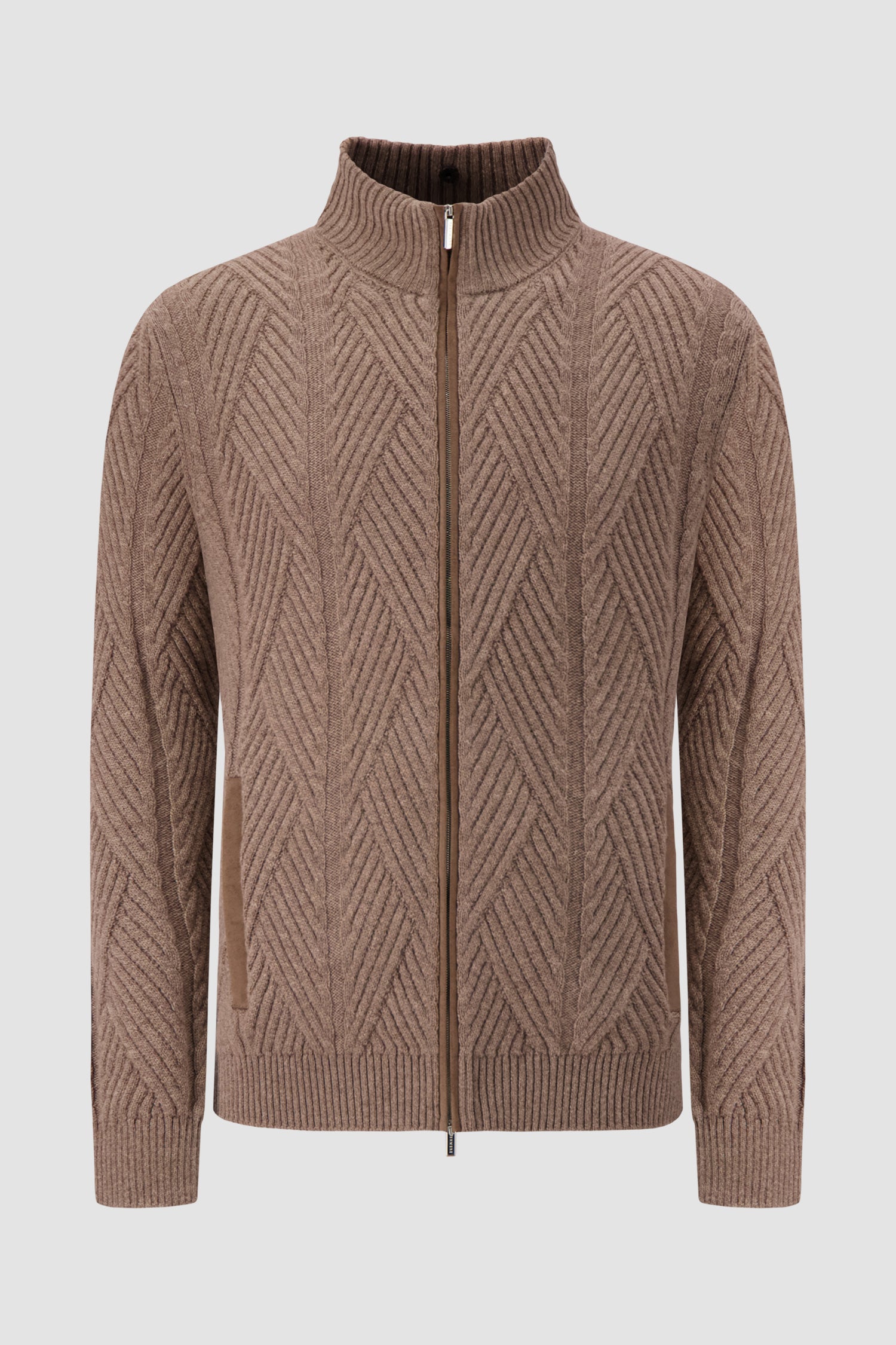 Pashmere Brown Wool/Cashmere Chevron Knit Zip Sweater