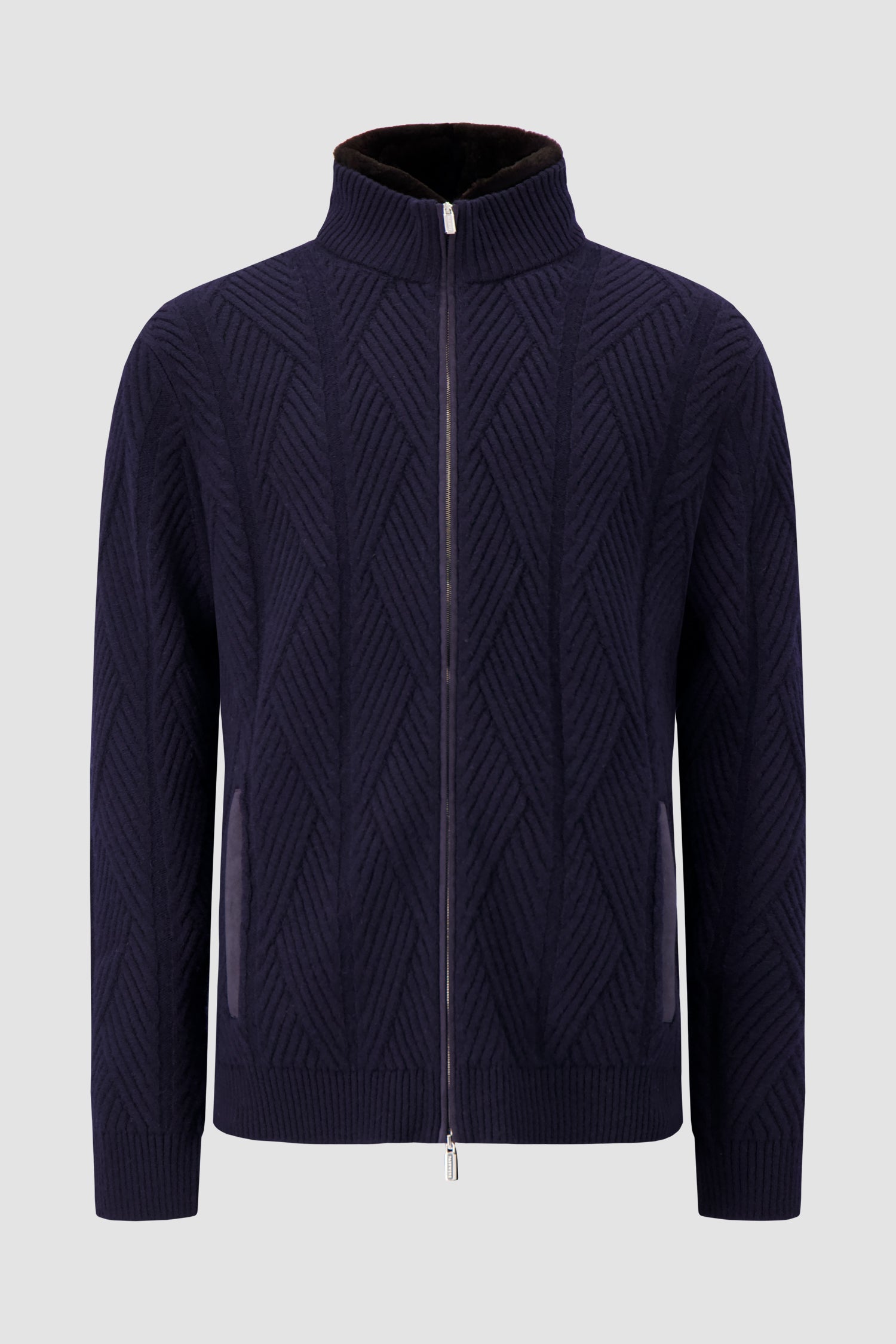Pashmere Navy Wool/Cashmere Chevron Knit Zip Sweater