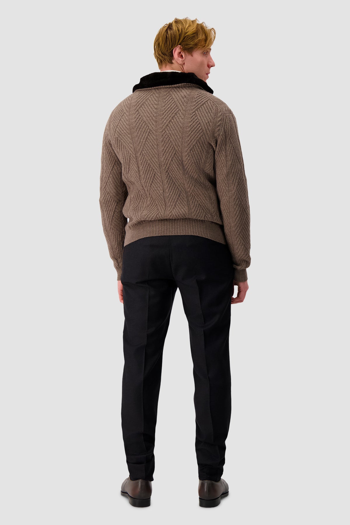 Pashmere Brown Wool/Cashmere Chevron Knit Zip Sweater