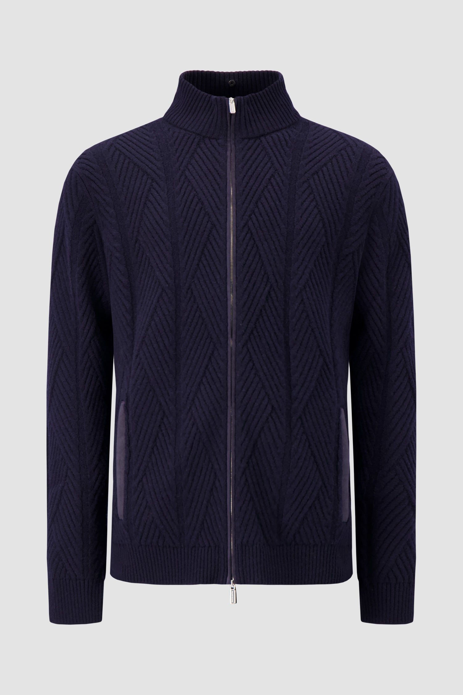 Pashmere Navy Wool/Cashmere Chevron Knit Zip Sweater