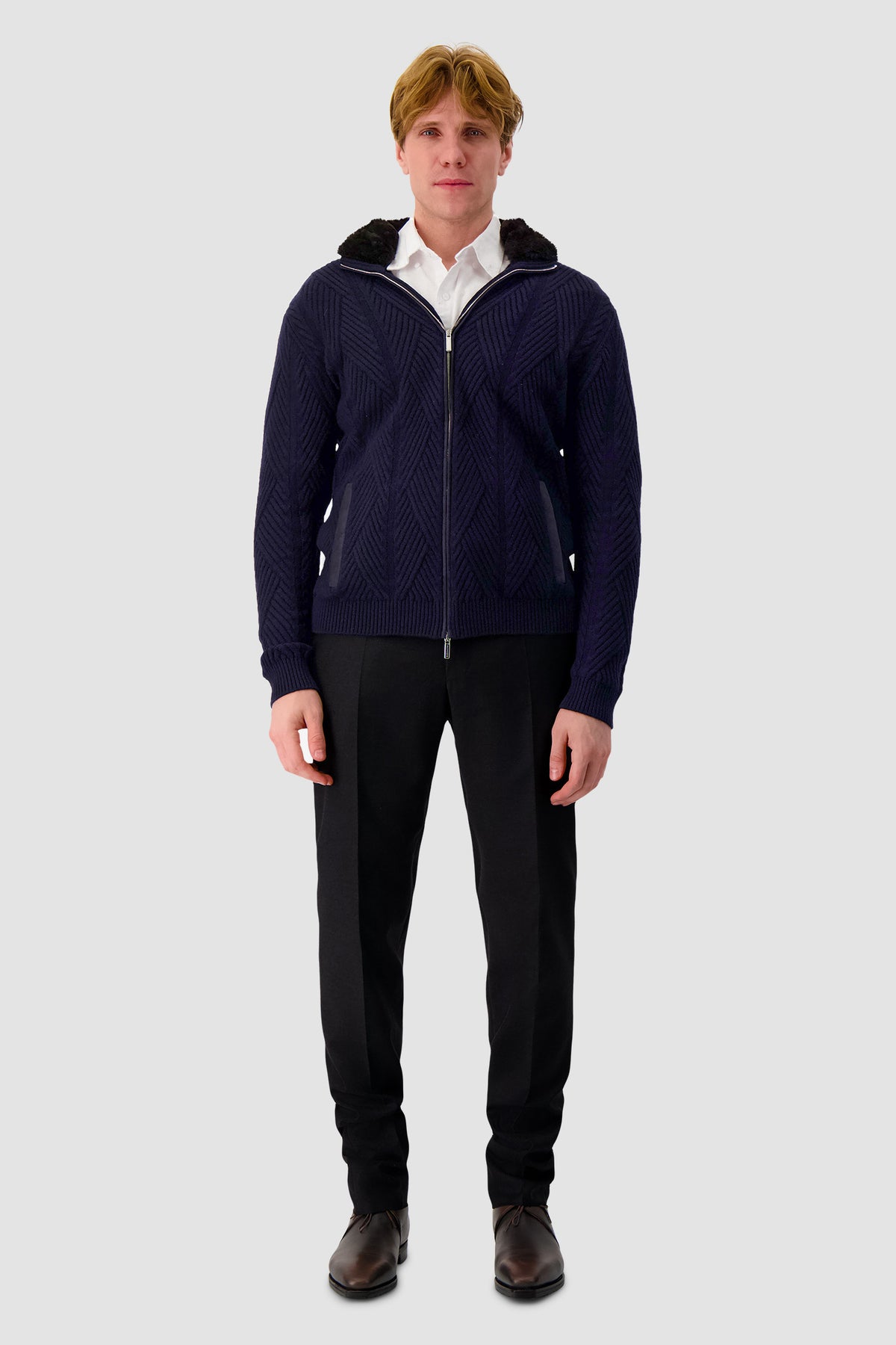 Pashmere Navy Wool/Cashmere Chevron Knit Zip Sweater