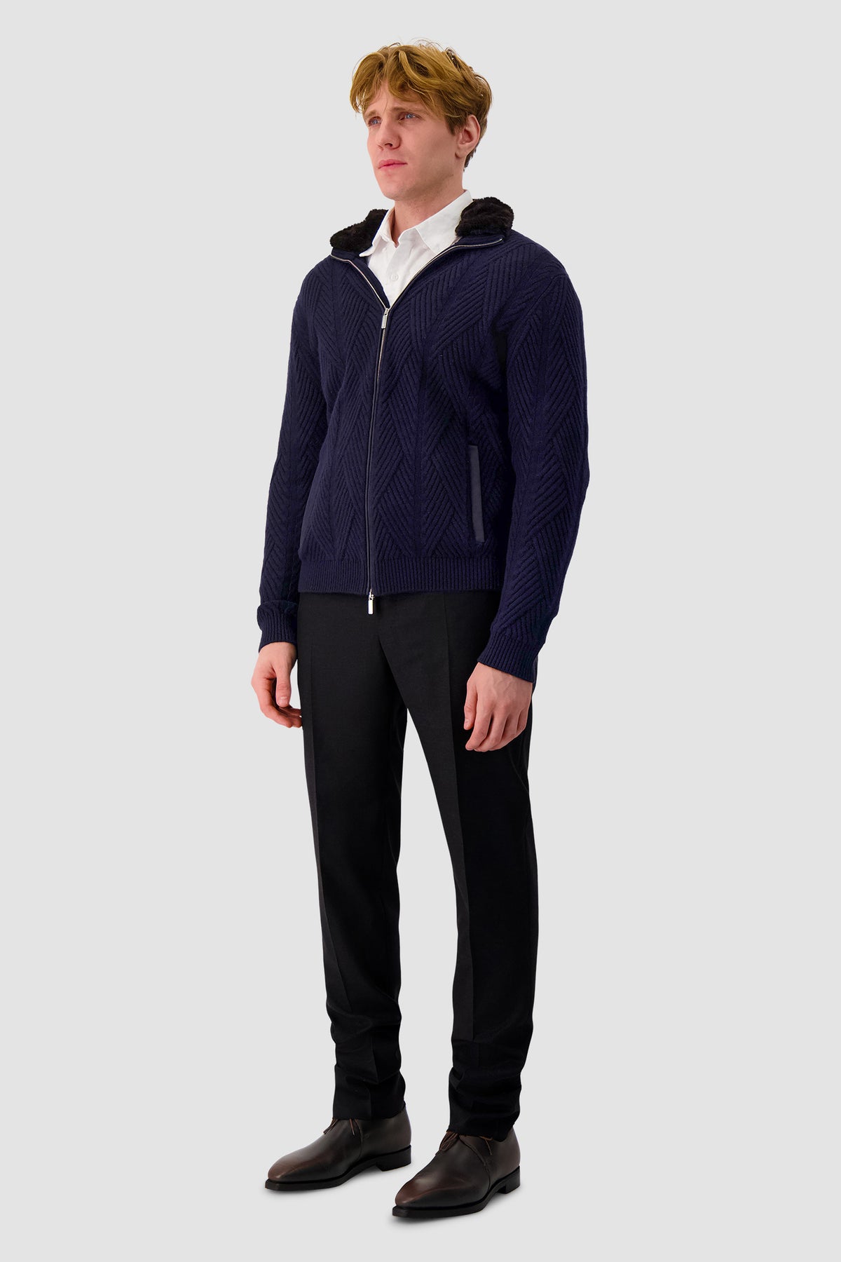 Pashmere Navy Wool/Cashmere Chevron Knit Zip Sweater
