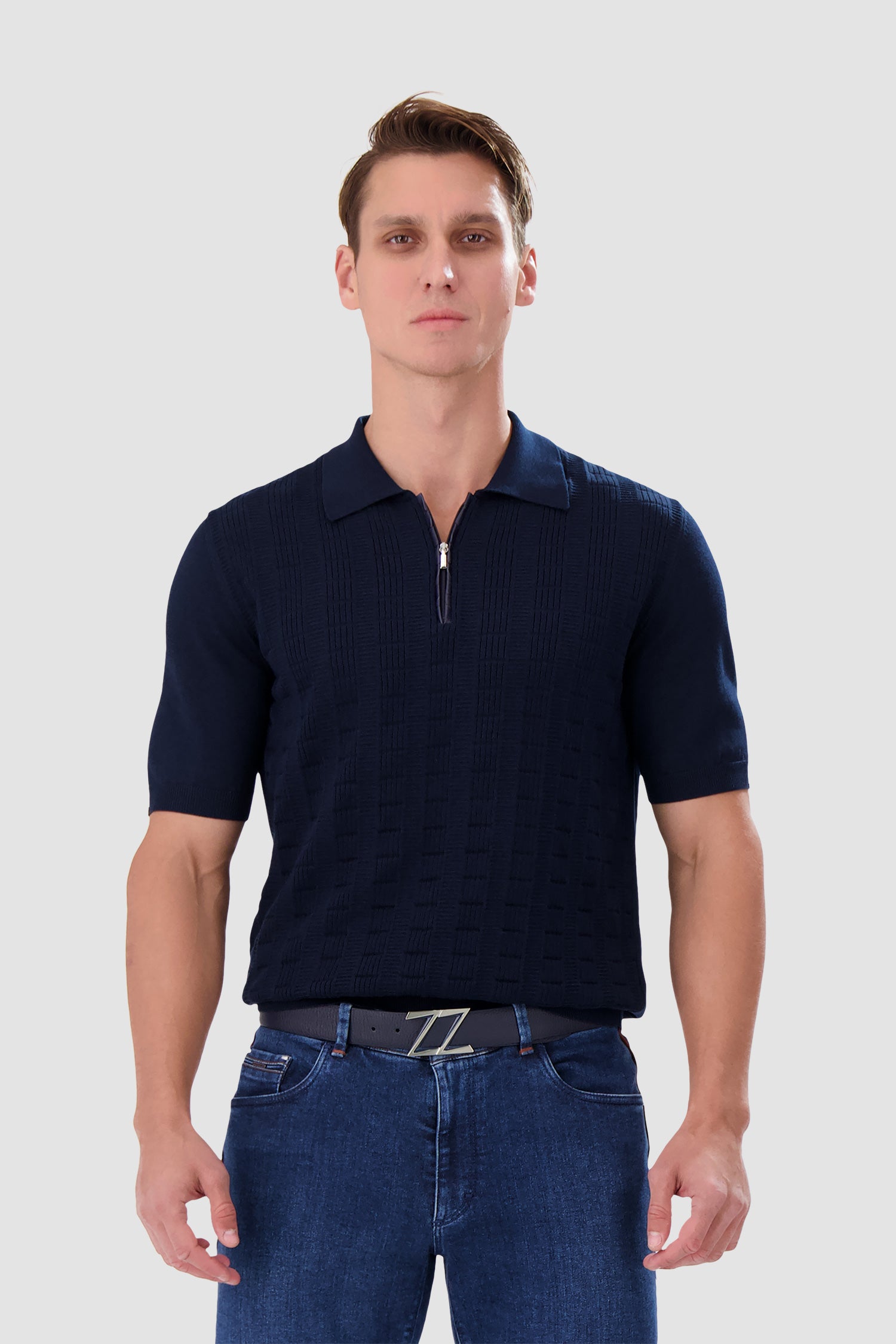 Zilli Navy Zip Short Sleeves Polo with Croc