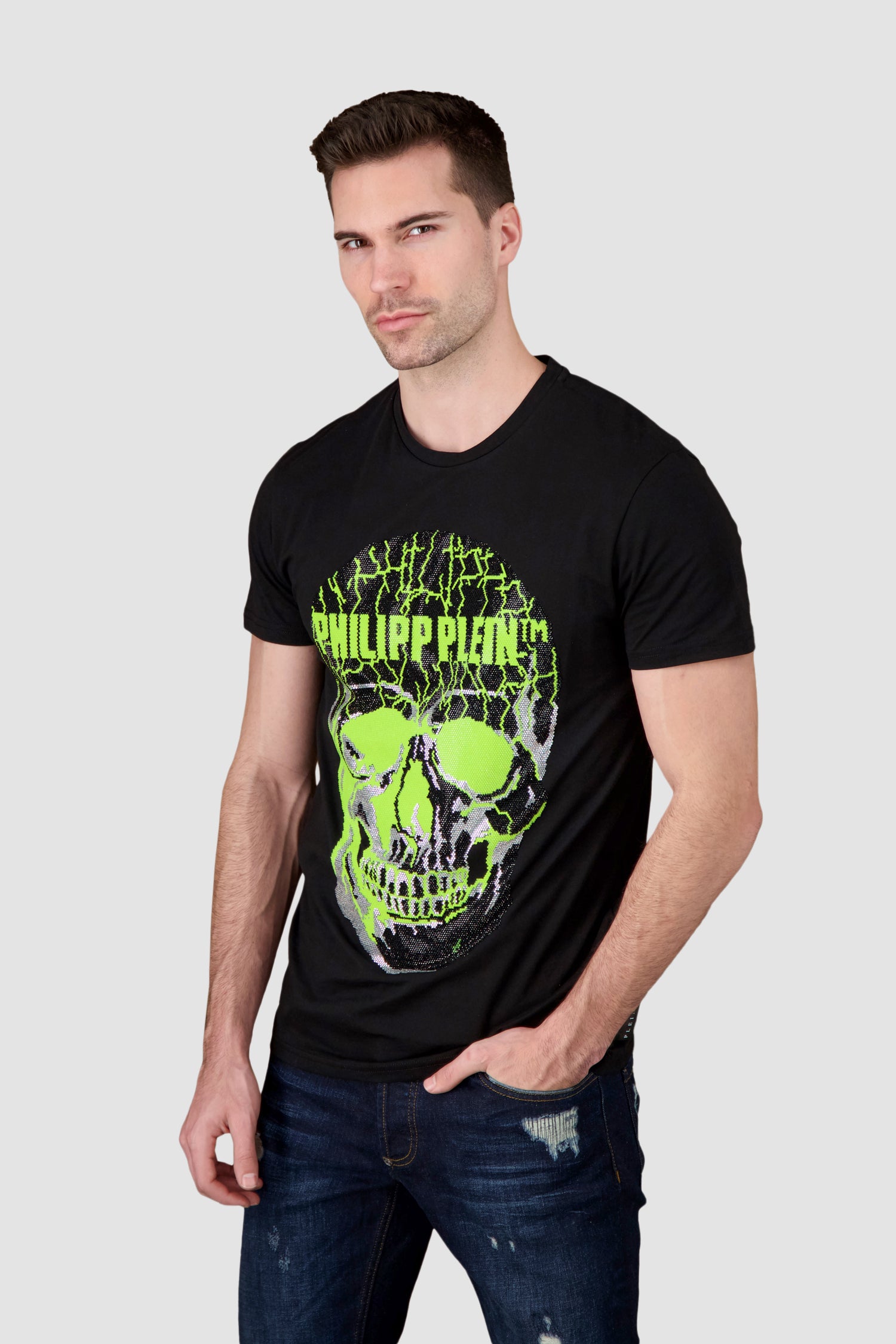Philipp Plein Black/Yellow Round Neck Skull Rhinestone T-Shirt