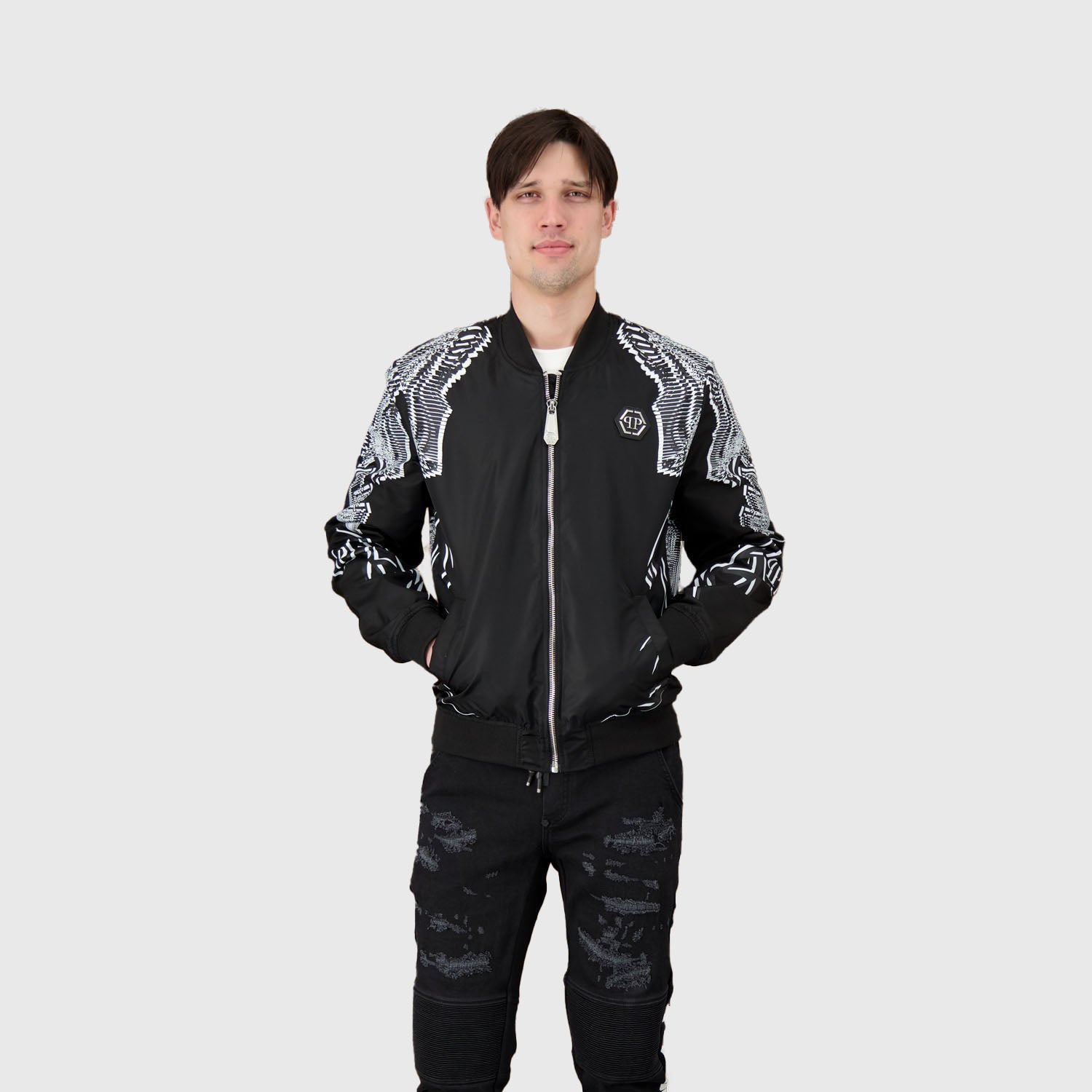 Philipp Plein Black Foulard Texture Bomber Jacket