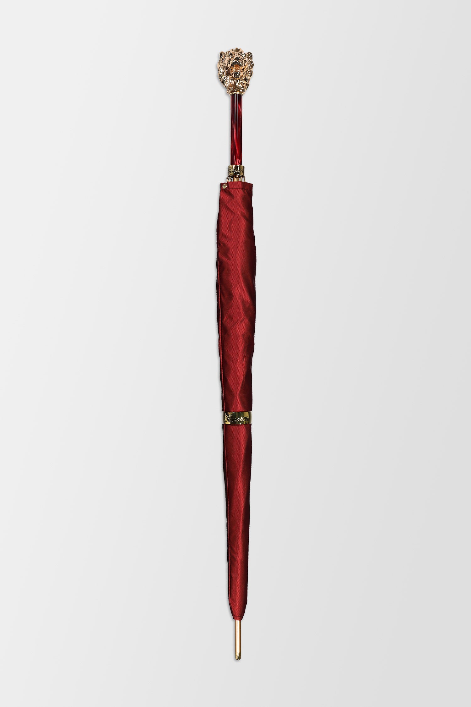 Pasotti Red Umbrella with Gold Lion Handle, with Case and Ring