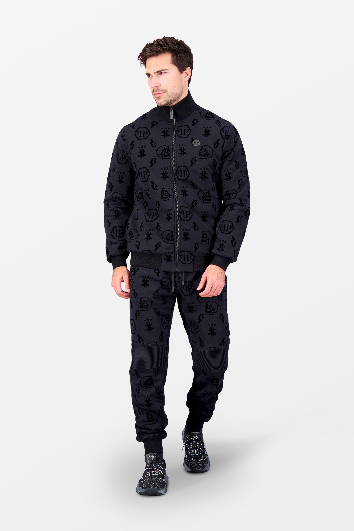 Philipp Plein Black Flock Monogram Jogging Jacket