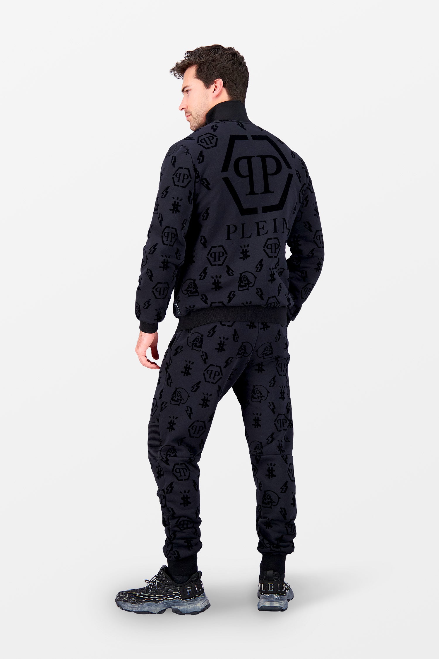 Philipp Plein Black Flock Monogram Jogging Jacket