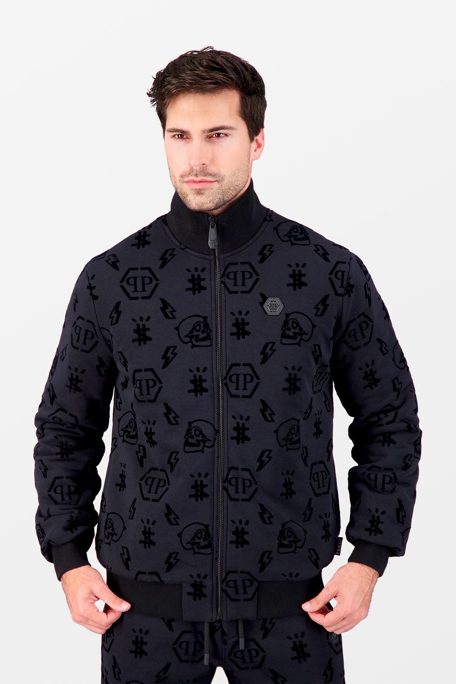 Philipp Plein Black Flock Monogram Jogging Jacket