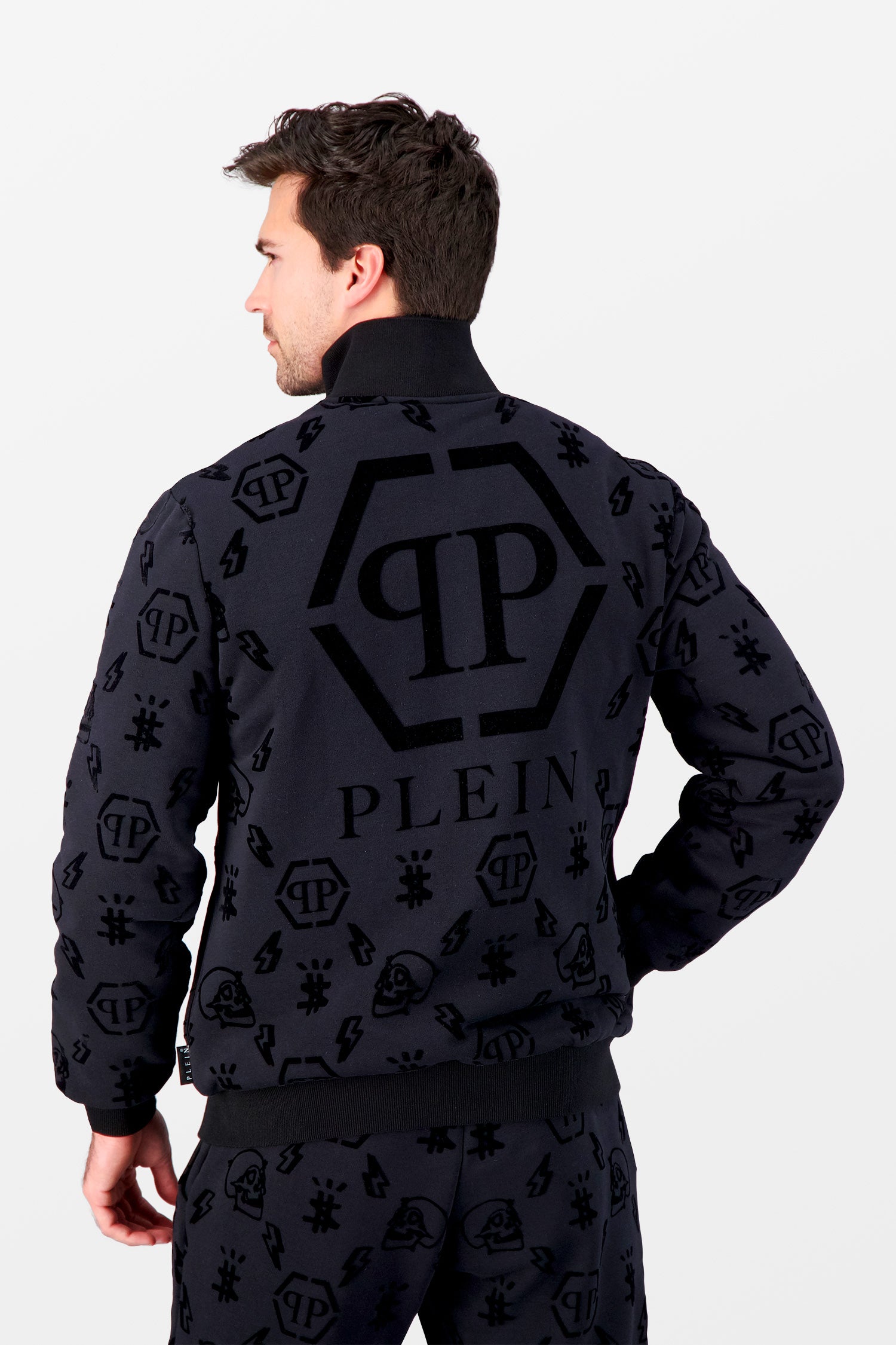 Philipp Plein Black Flock Monogram Jogging Jacket