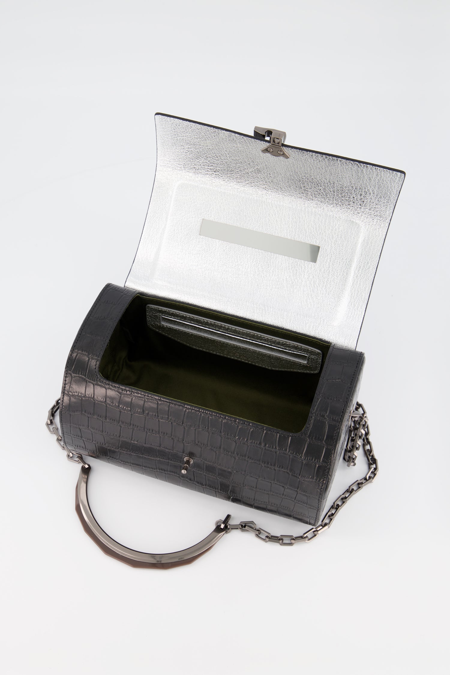 The Volon Black Crocodile Print PO Trunk Bag