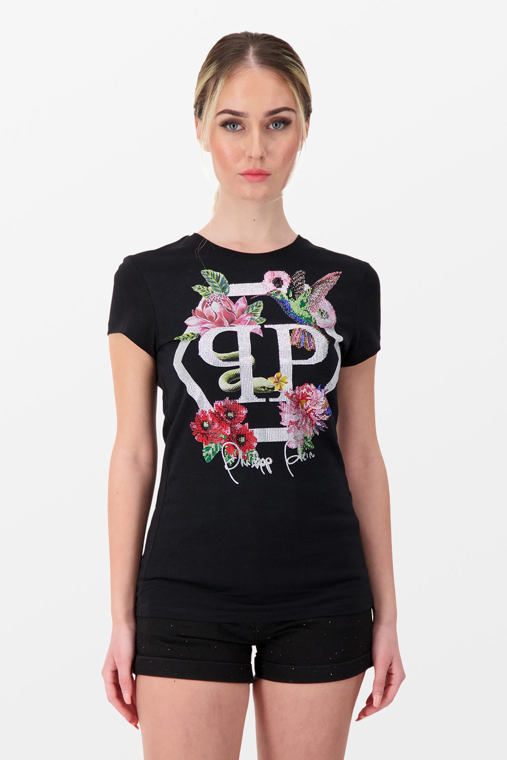 Philipp Plein Black SS Flowers 2 Round Neck T-Shirt