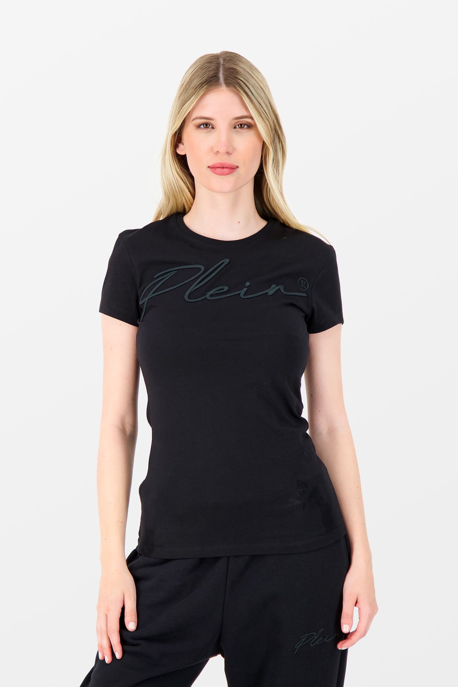 Philipp Plein Black Satin Embroidery Signature T-Shirt