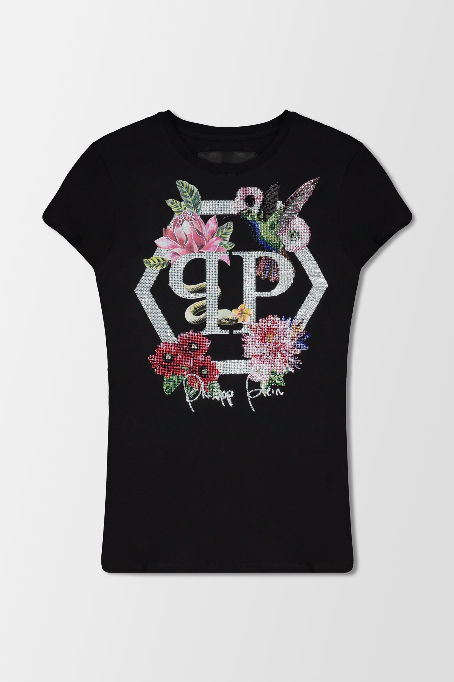 Philipp Plein Black Round Neck SS Flowers 2 T-Shirt